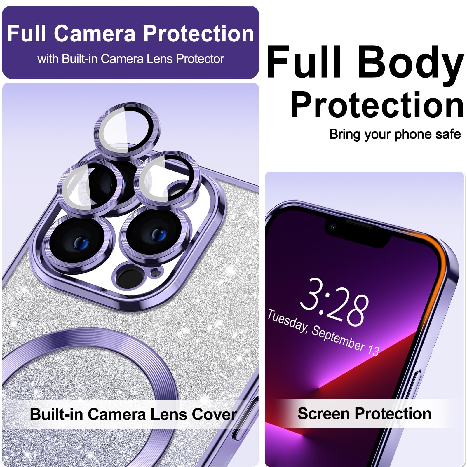 Hython For Iphone 13 Pro Case Clear Magnetic Glitter Phone Cases [Compatible With Magsafe] Full Camera Lens Protector Slim Gradi