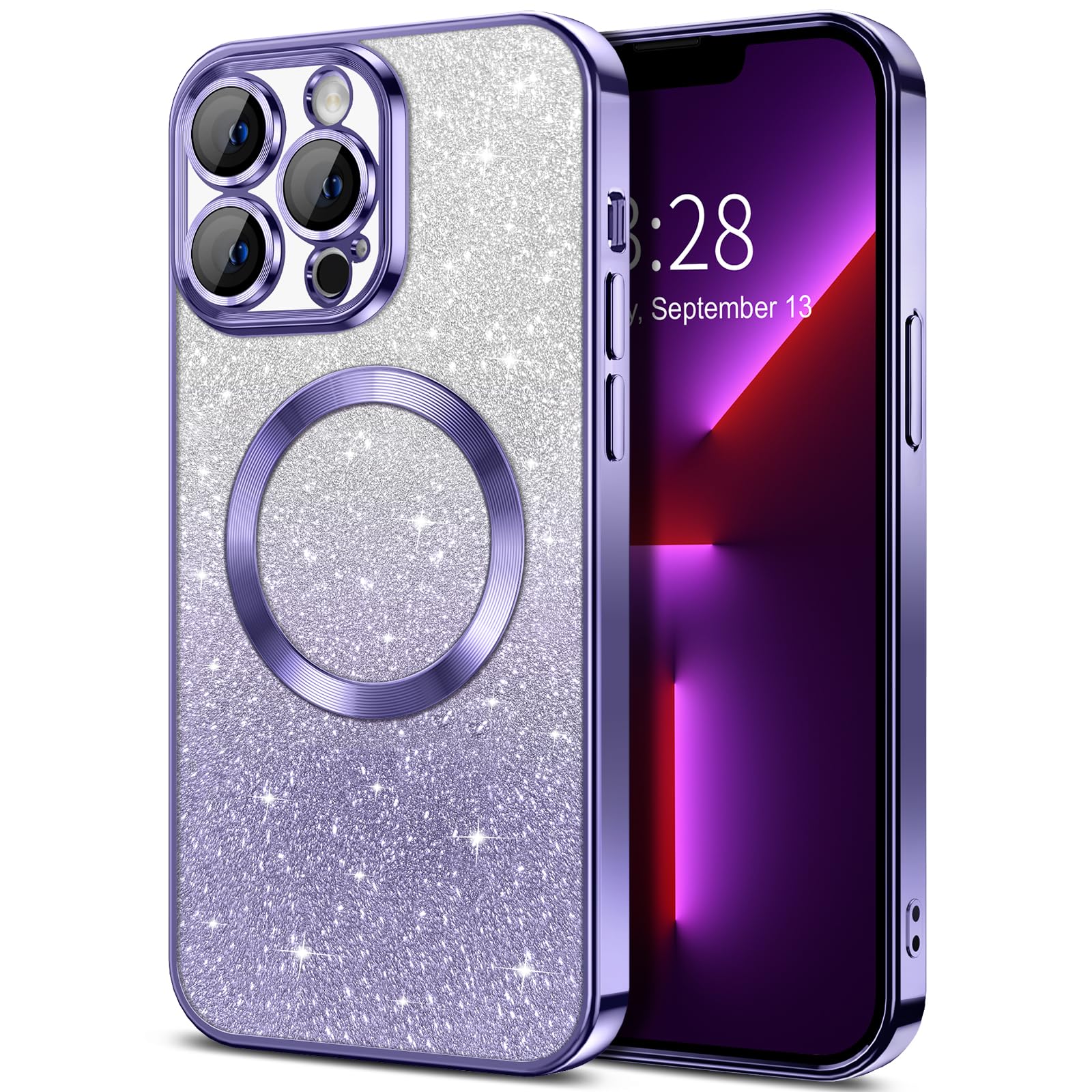 Hython For Iphone 13 Pro Case Clear Magnetic Glitter Phone Cases [Compatible With Magsafe] Full Camera Lens Protector Slim Gradi