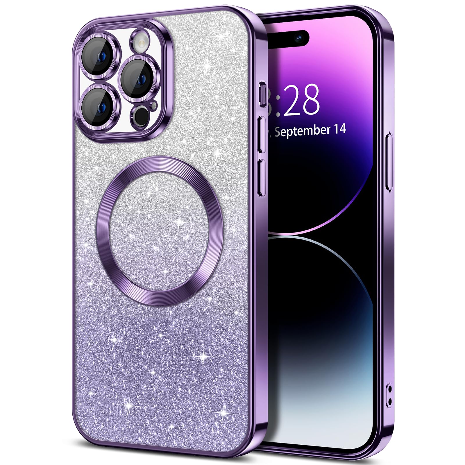 Hython For Iphone 14 Pro Max Case Clear Magnetic Glitter Phone Cases [Compatible With Magsafe] Full Camera Lens Protector Slim G