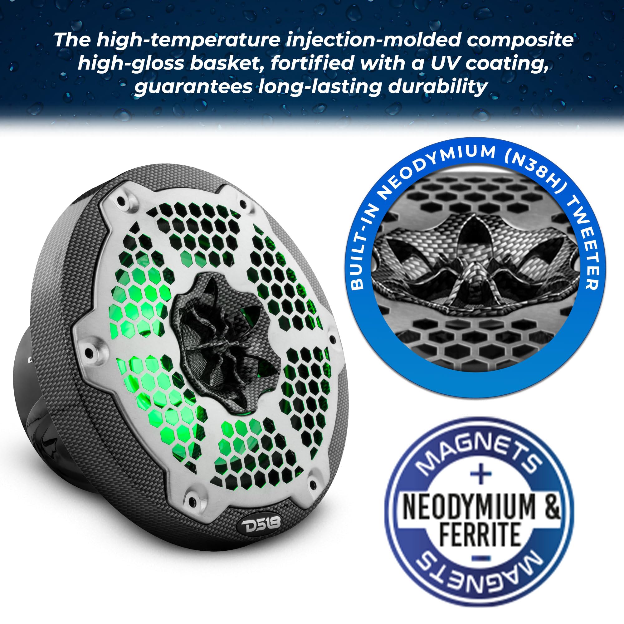 Ds18 Hydro Cf-65M 6.5 Marine Speakers 2-Way With Integrated Rgb Lights, Black Carbon Fiber, Pair - 100% Uv Stable - Water Resist