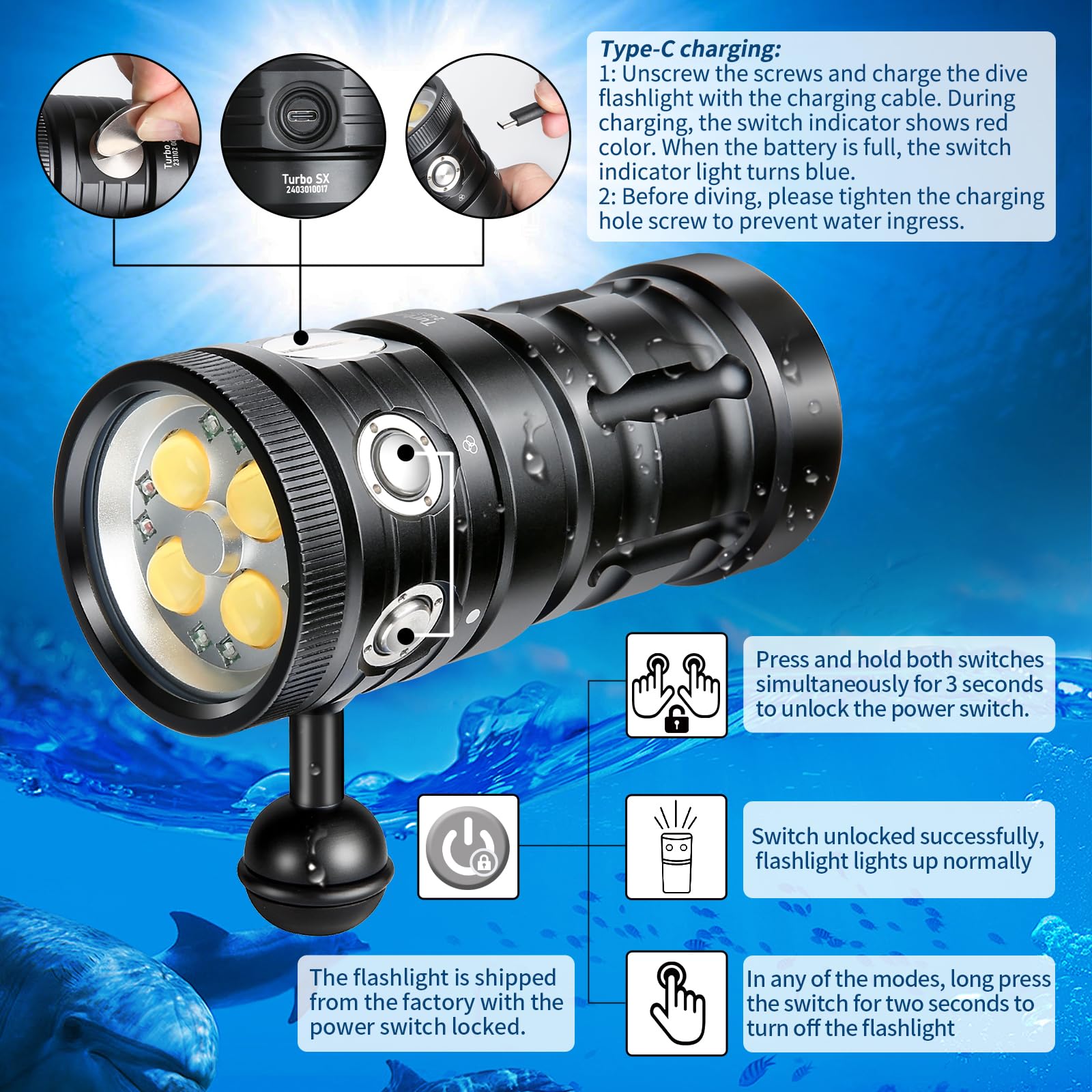 Dive Light,Letonpower Ts Sx 11000Lumens 100M Underwater Video Light,Diving Flashlight,Scuba Dive Light,Waterproof Flashlight Wit