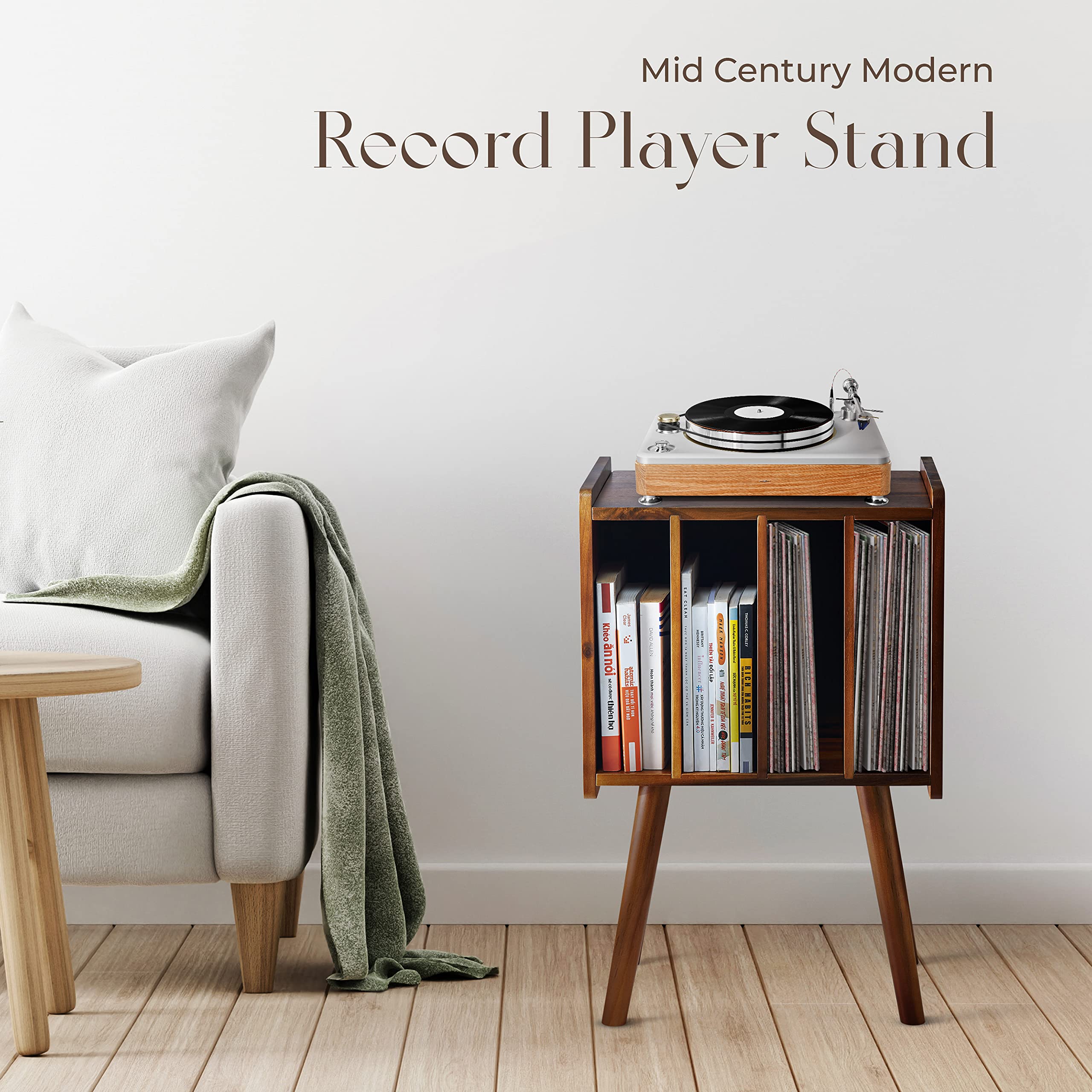2Bhome Wooden Lp Record Player Stand With 4 Cabinets, Holds Up To 100 Vinyls, Metal Record Storage Holder And Organizer Table, C