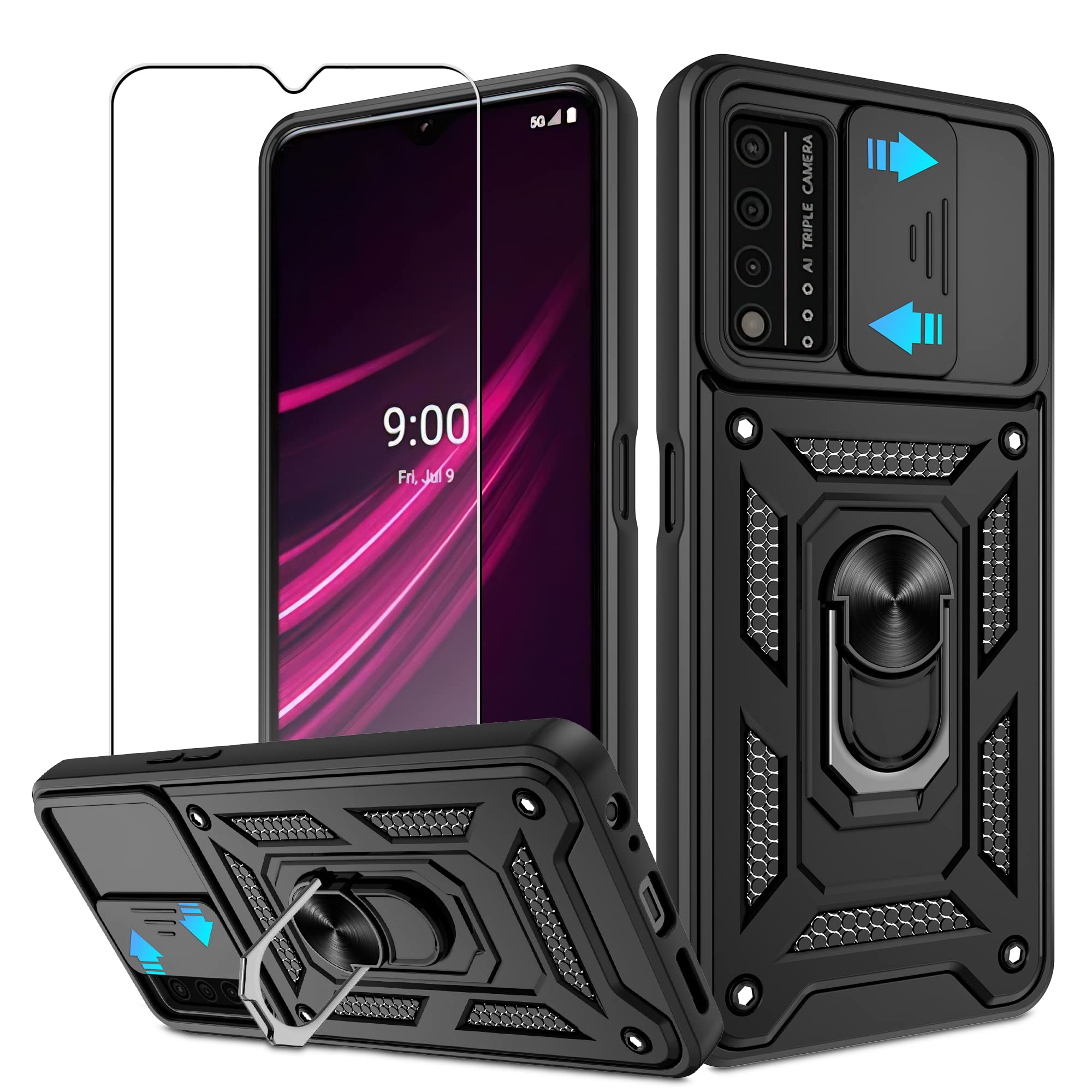 For T Mobile Revvl V Plus 5G Case With Hd Screen Protector With Slide Camera Cover, Atump 360    Rotation Ring Kickstand [Milita