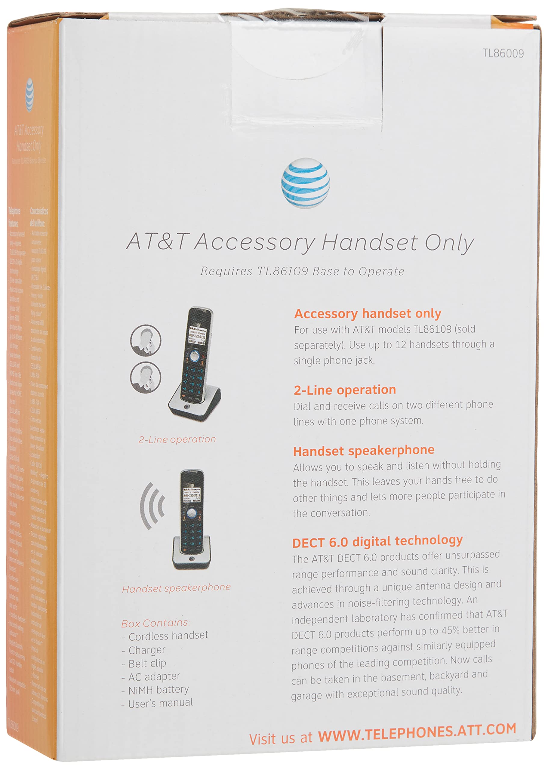 At&T Tl86009 Accessory Cordless Handset, Black/Silver | Requires An At&T Tl86109 Expandable Phone System To Operate