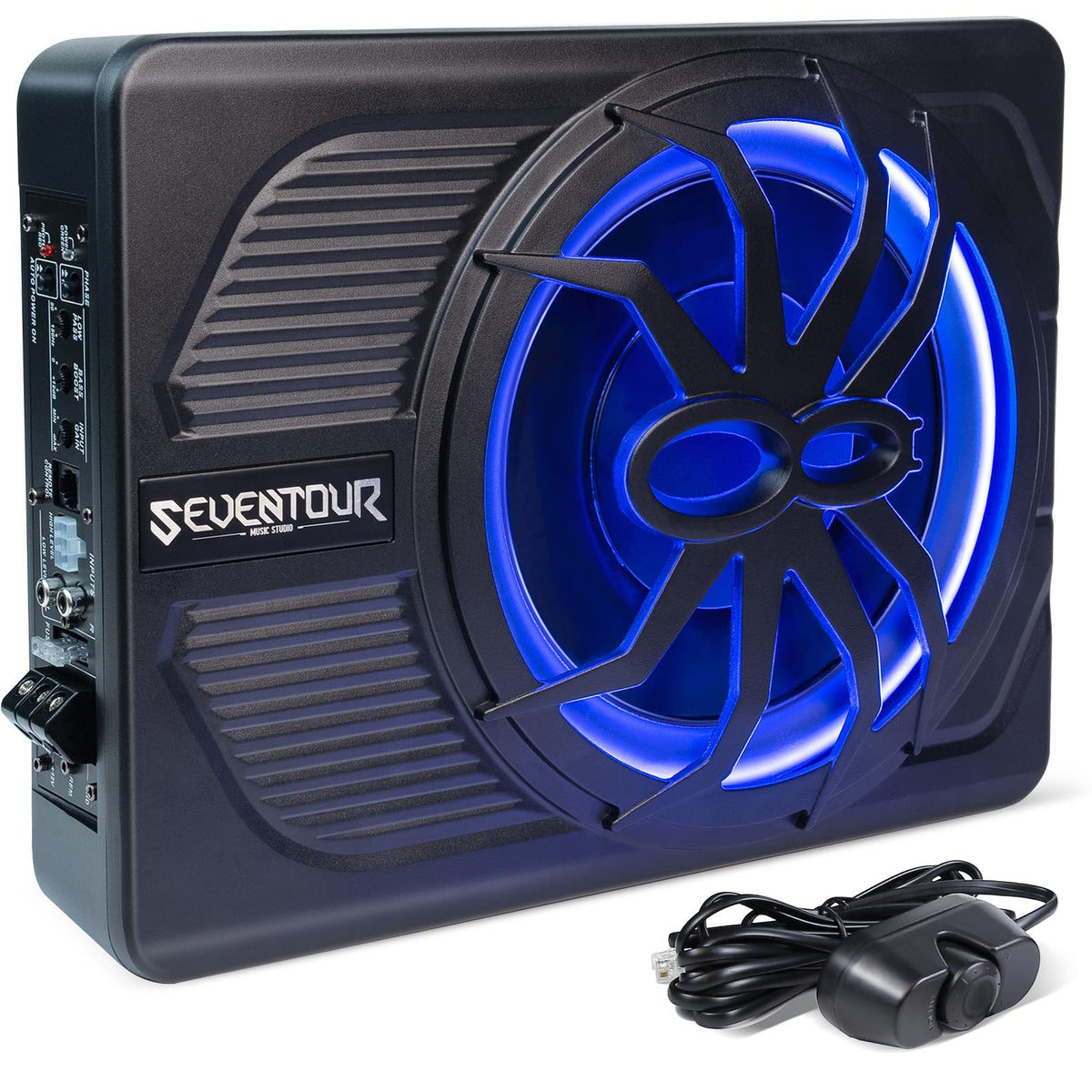 Seventour 10'' 800W Slim Under Seat Powered Car Subwoofer, Car/Truck Audio Sub Built In Amplifier, New Upgrade With Blue Led Amb