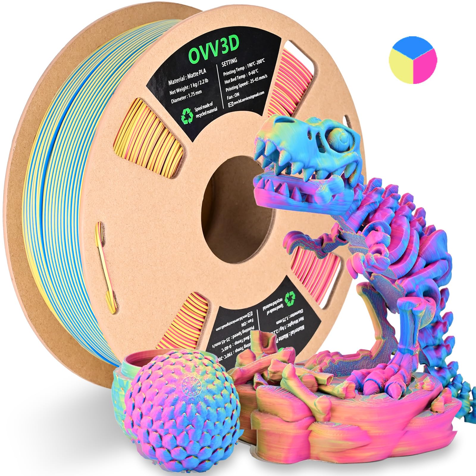 Ovv3D Pla Filament 1.75Mm, Rainbow Pla Filament Matte Tri Color 3D Printer Filament, Macaron 3D Printing Filament Red Yellow Blu