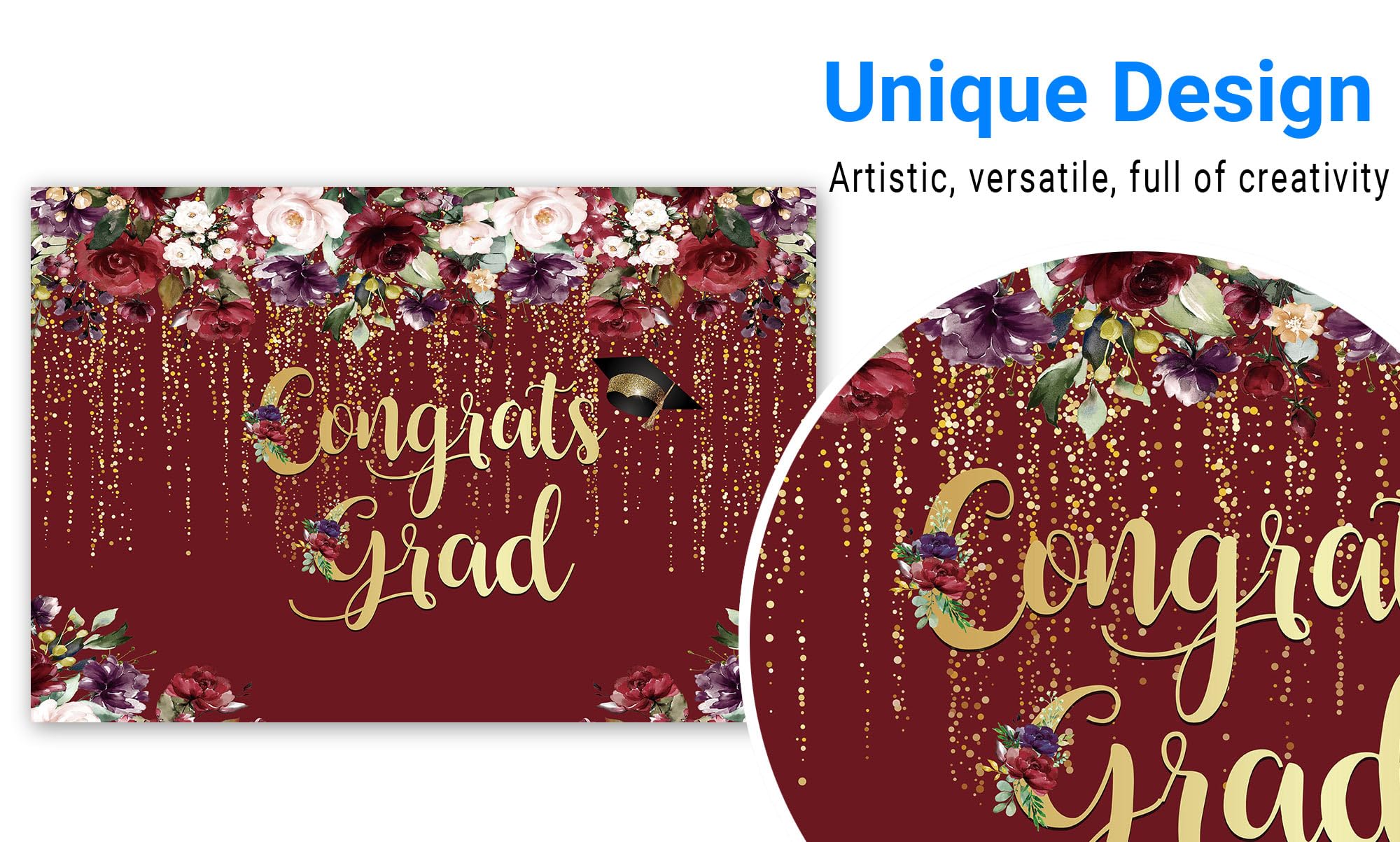 Funnytree 82' X 59' Congrats Grad Party Backdrop Class Of 2024 Burgundy Red Flowers Golden Glitter Photography Graduation Background Women Lady Girl Congratulate Prom Decorations Banner Photo Booth