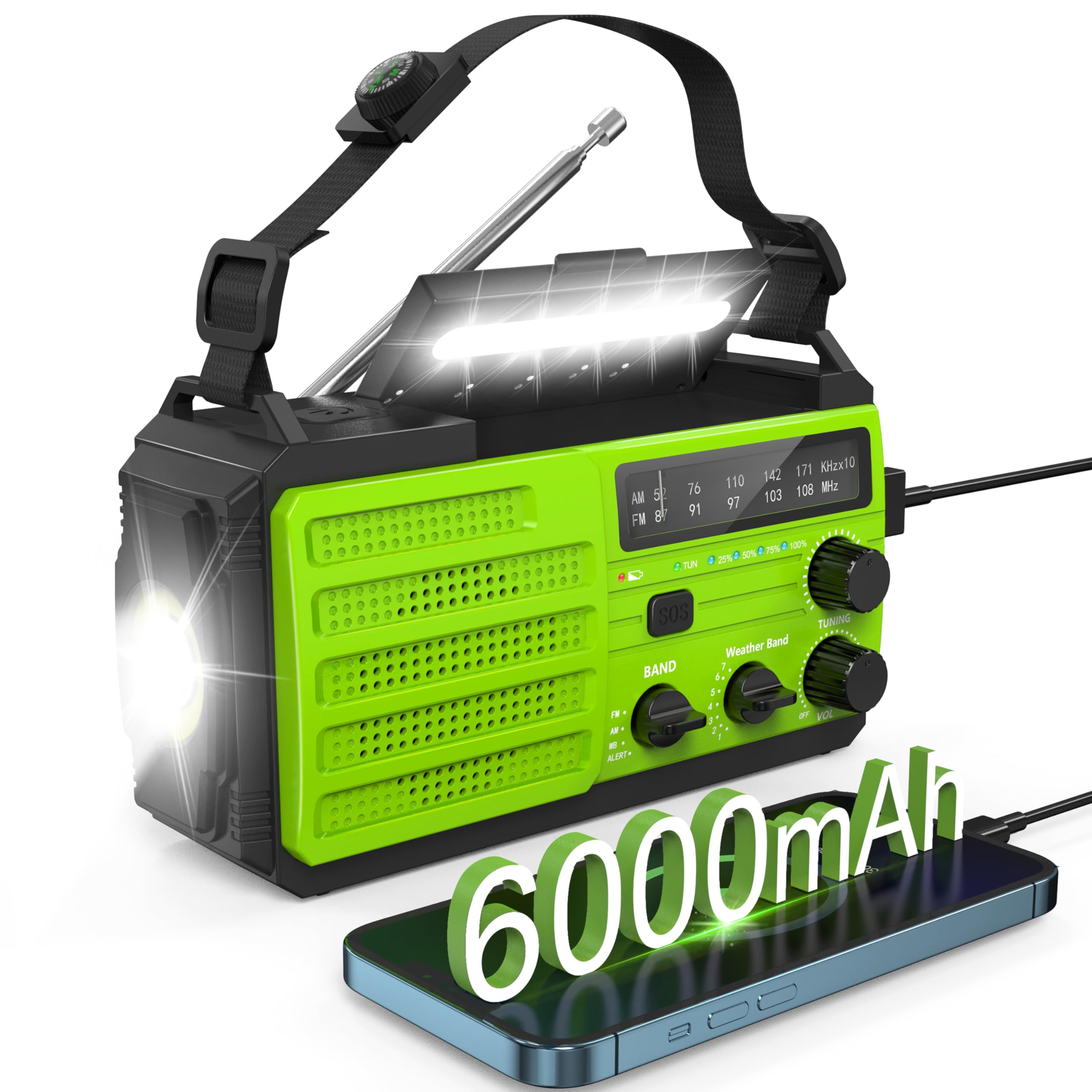 Noaa Emergency Weather Radio, 6000Mah Am/Fm/Noaa Weather Alert Radio, Hand Crank Radio With Solar Charger, Usb Charger, Flashlig