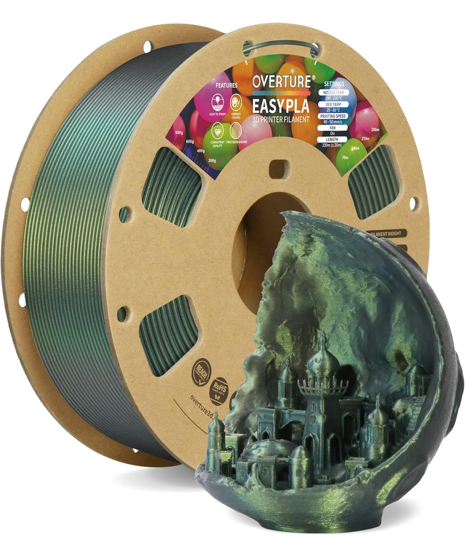 Overture Color Changeable Pla 1.75Mm 3D Printer Filament Green Starlight Pla, 1Kg Cardboard Spool (2.2Lbs), Dimensional Accuracy