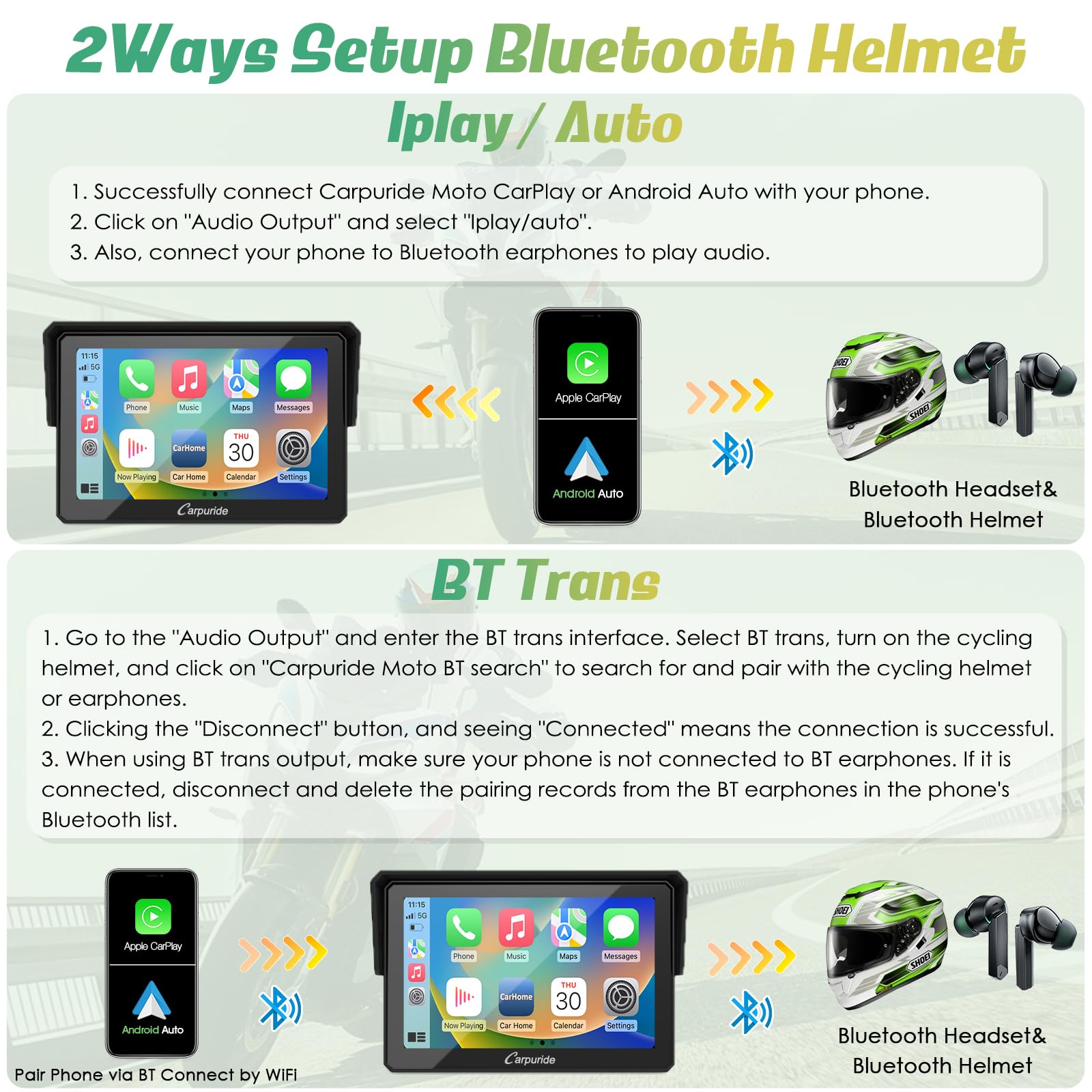 Carpuride W502 Motorcycle Gps Wireless Portable Carplay/Android Auto Waterproof Car Stereo, 5' Ips Touch Screen With Dual Bluetooth, Navigation/Siri/G00Gle Assistant For Motorbike