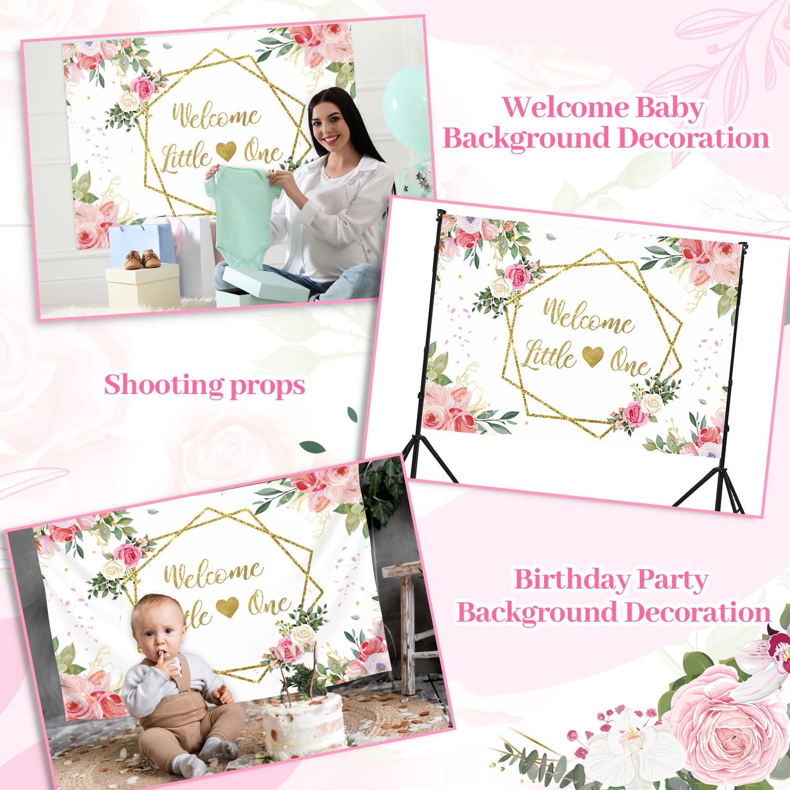 Newwiee Floral Baby Shower Theme Backdrop For Neutral Welcome Little One Photography Background Glitter Gold Lines Baby Shower T
