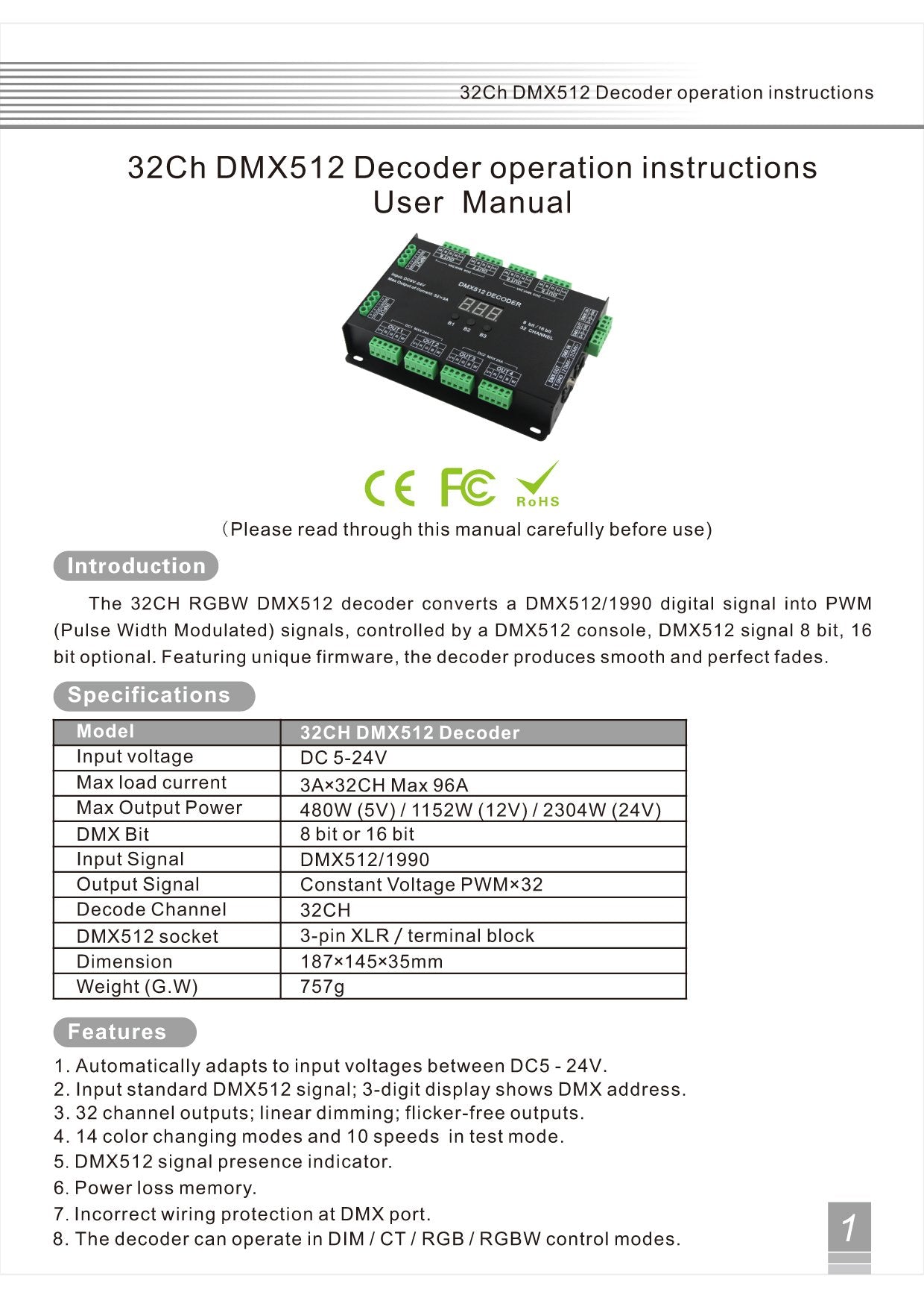 32 Channel 96A Rgbw Dmx 512 Led Decoder Controller Dmx Dimmer Dc5 24V Rgbw Rgb Led Light 8 Bit16 Bit