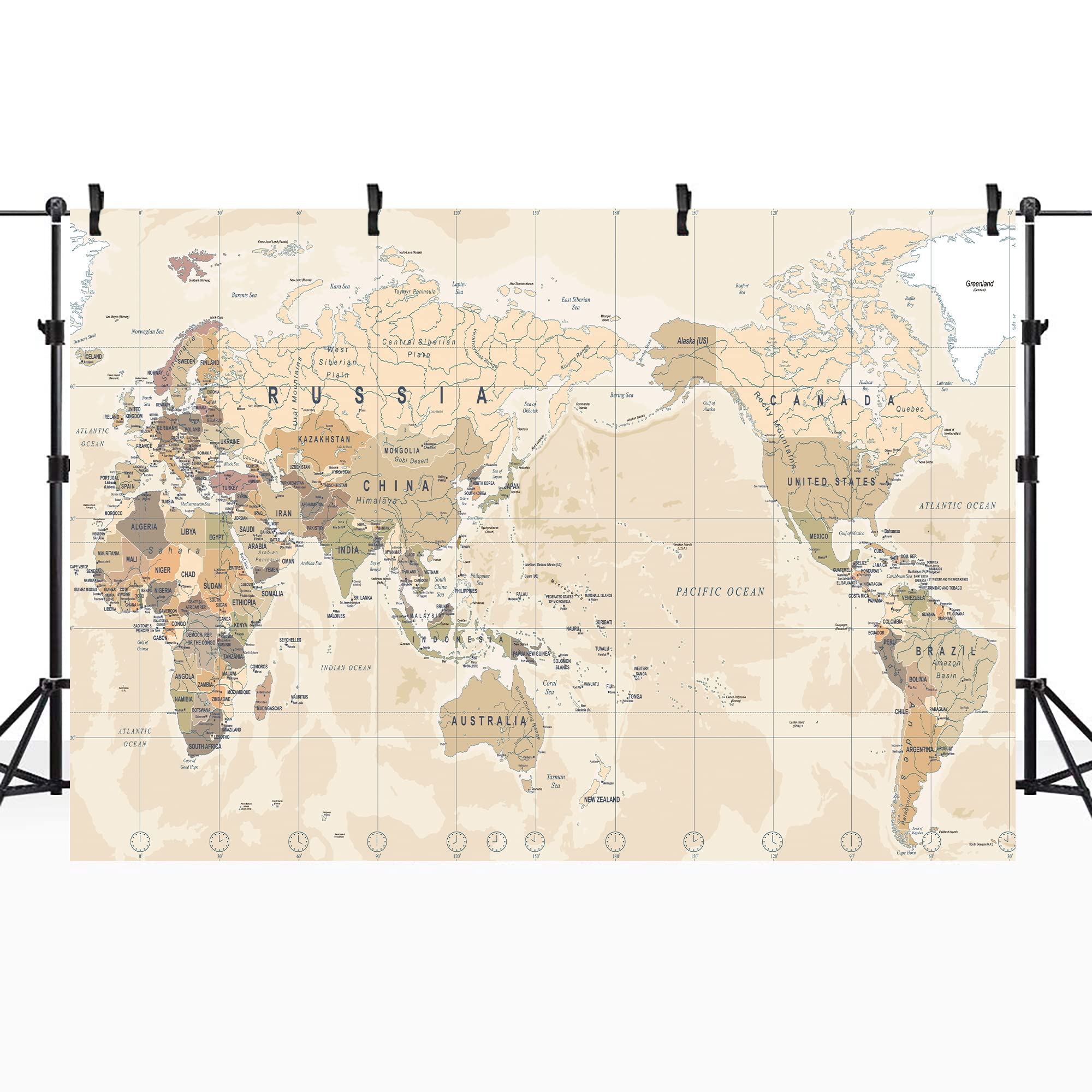 Riyidecor World Map Backdrop Polyester Fabric Vintage Geographical Educational Adventure 7Wx5H Feet Yellow Brown Geography Europ