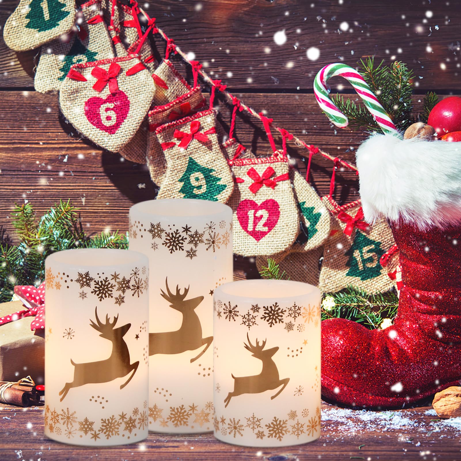 Dromance Gold Deer Flameless Flickering Candles Battery Operated With 6H Timer, 3 Pack Real Wax Warm Light Led Pillar Candles Di