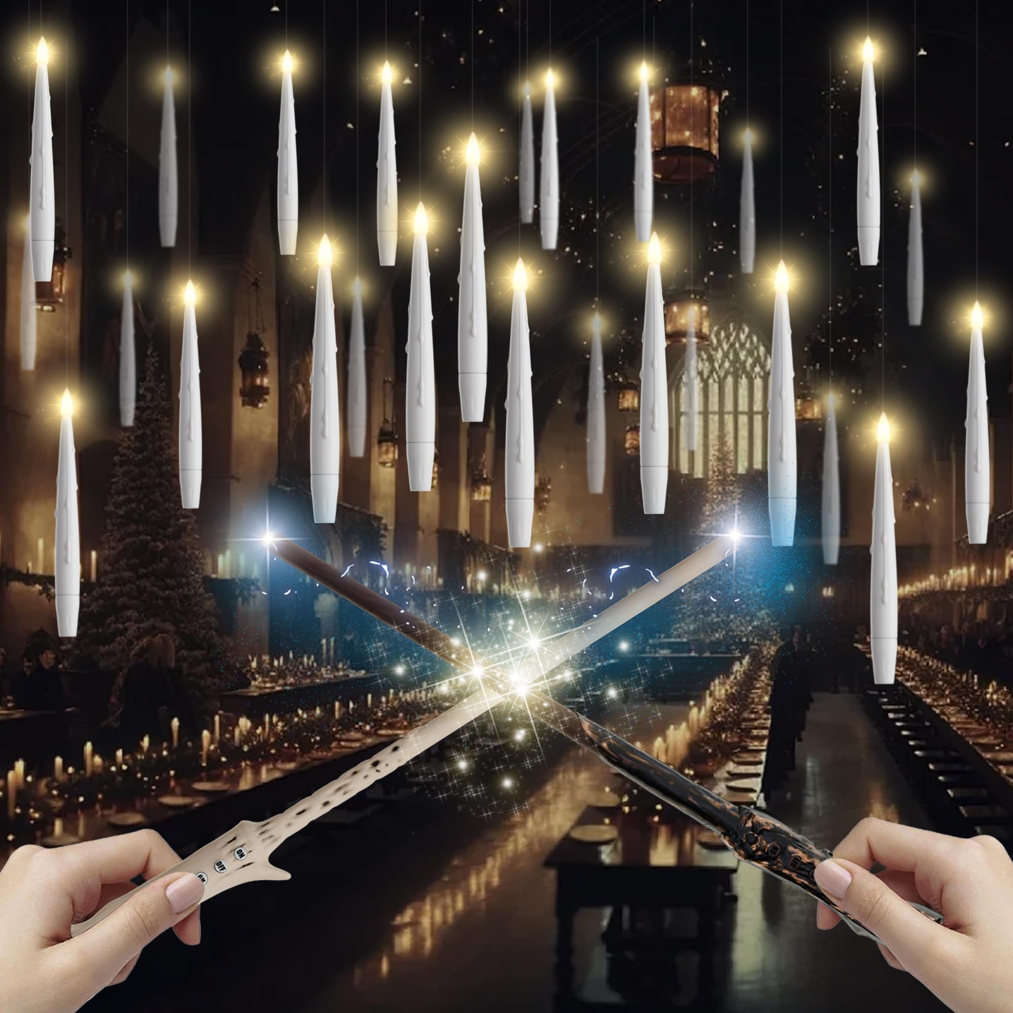 Joione Floating Candles With Wand, 20 Pack Halloween Flameless Candles Magic Hanging Taper Candles With 2 Wand Remotes, Battery