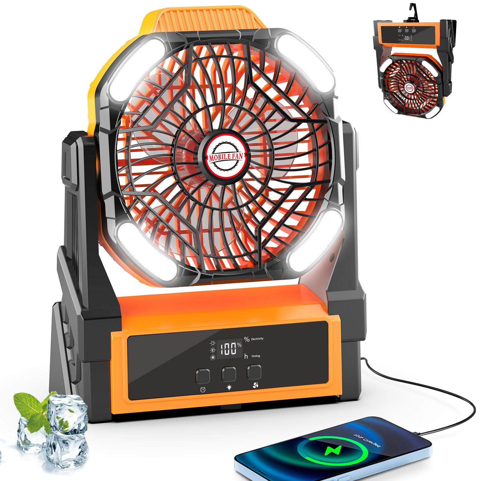Sendowtek Camping Battery Fan Portable 20000mAh, Rechargeable with LED Light 4 Wind Modes Timer Switch USB Large Battery Table F