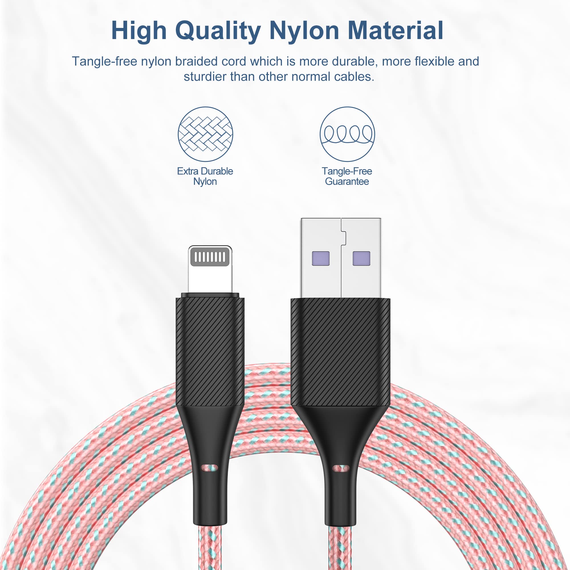 Iphone Charger Cable 10Ft 5Pack,[Apple Mfi Certified] Long Lightning Cable 10 Foot Iphone Charging Cord For Iphone 12/11/11 Pro/X/Xs Max/Xr/8/8 Plus/7/6/6S/Se/5C/5S/5 Ipad Air 2/Mini Airpods(Pink)
