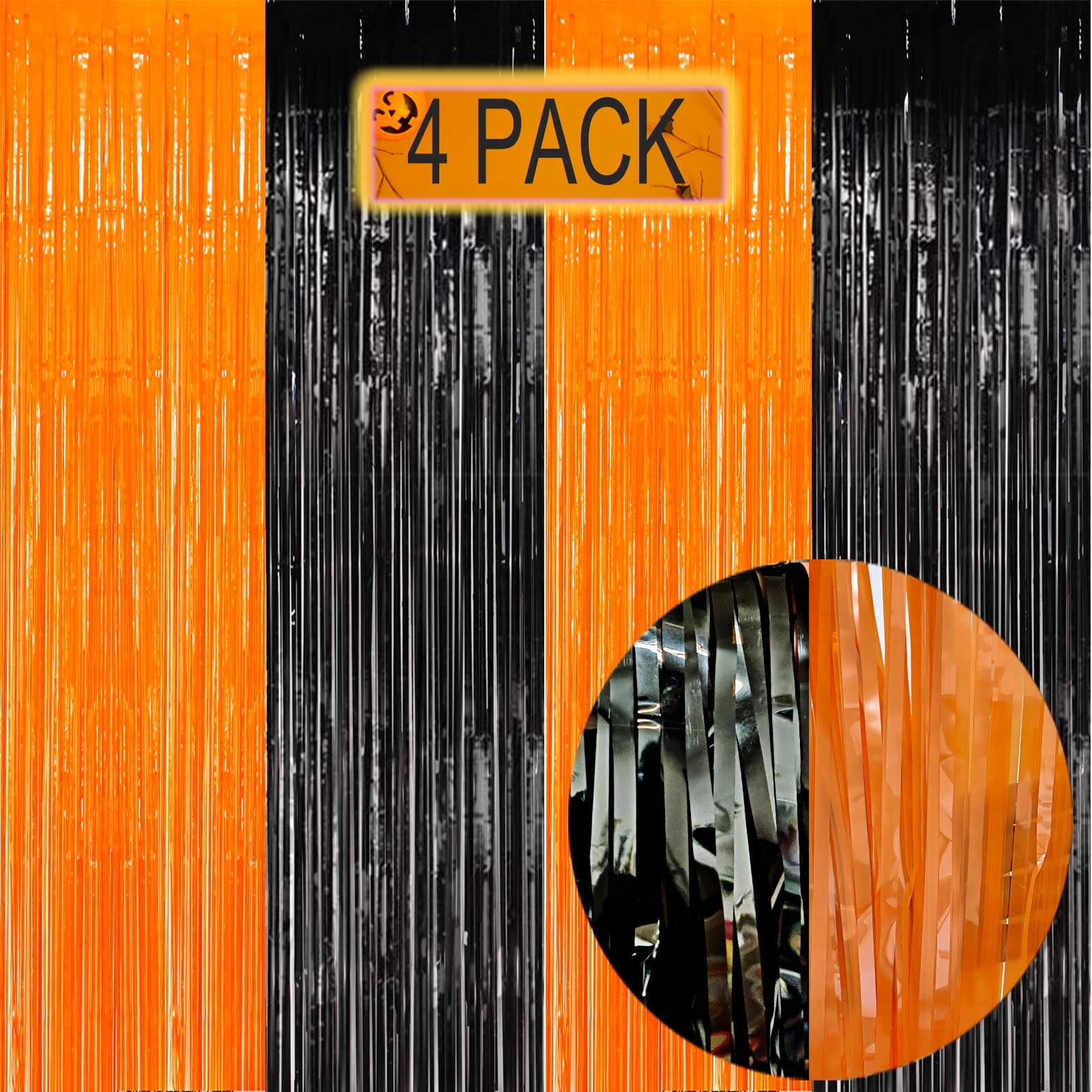 Eufars Foil Fringe Curtains 4 Pack Of 3.2X8.2Ft Orange Black Foil Fringe Curtains For Birthday Halloween Photo Backdrop Party De