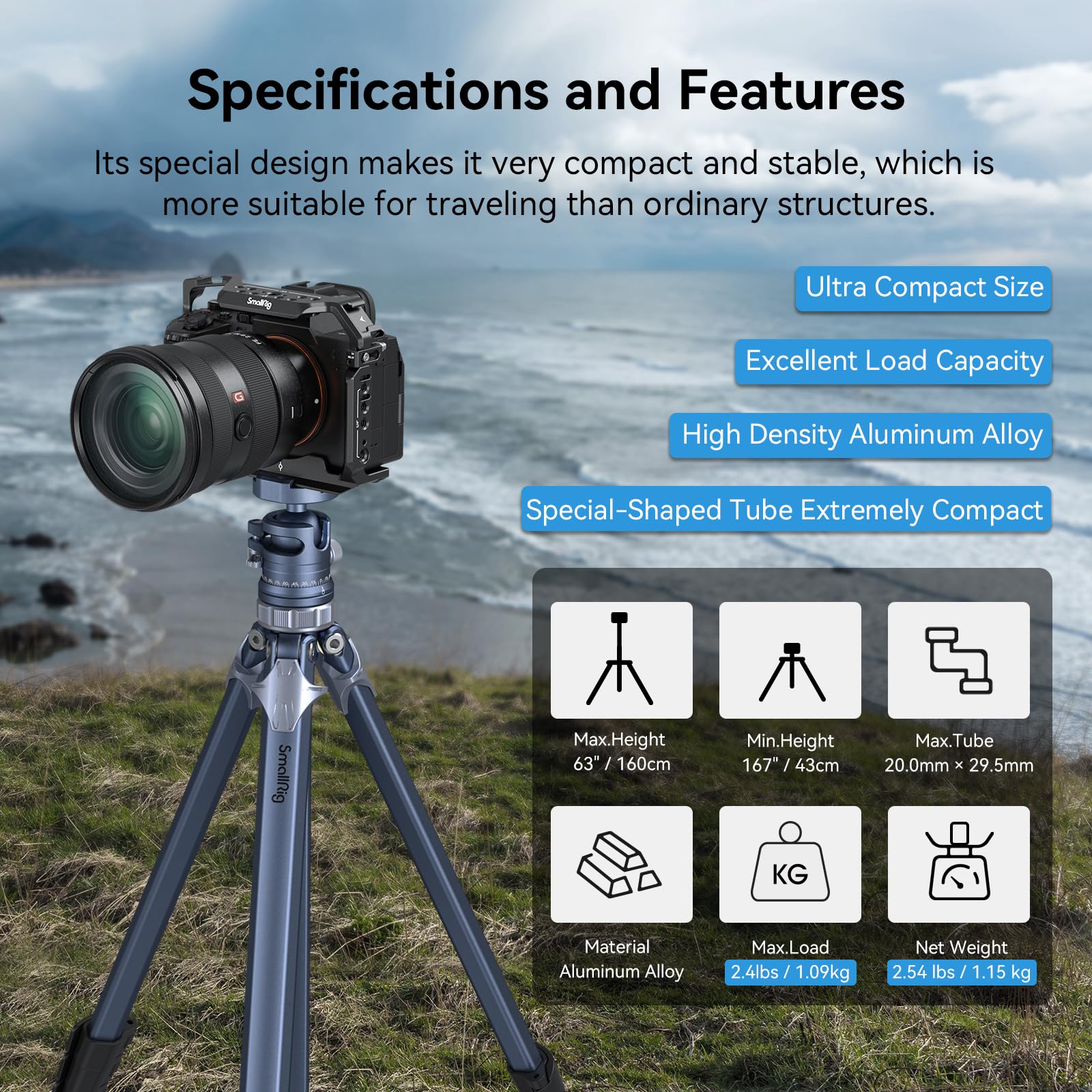 Smallrig Ap-02 Lightweight Travel Tripod, 63 Camera Tripod With Compact Unconventional Center Column, 360 Ball Head, Qr Plate, T