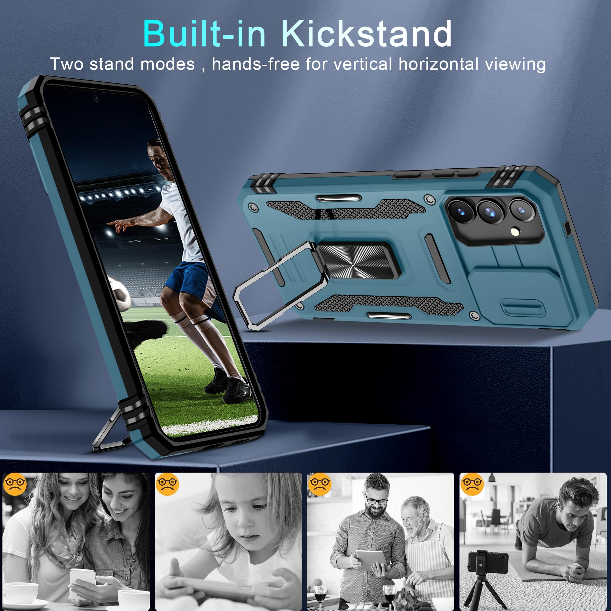 Deerlamn Case For Samsung Galaxy S24+ Plus With Slide Camera Cover+Screen Protector (1 Pack), Rotated Ring Kickstand Military Gr