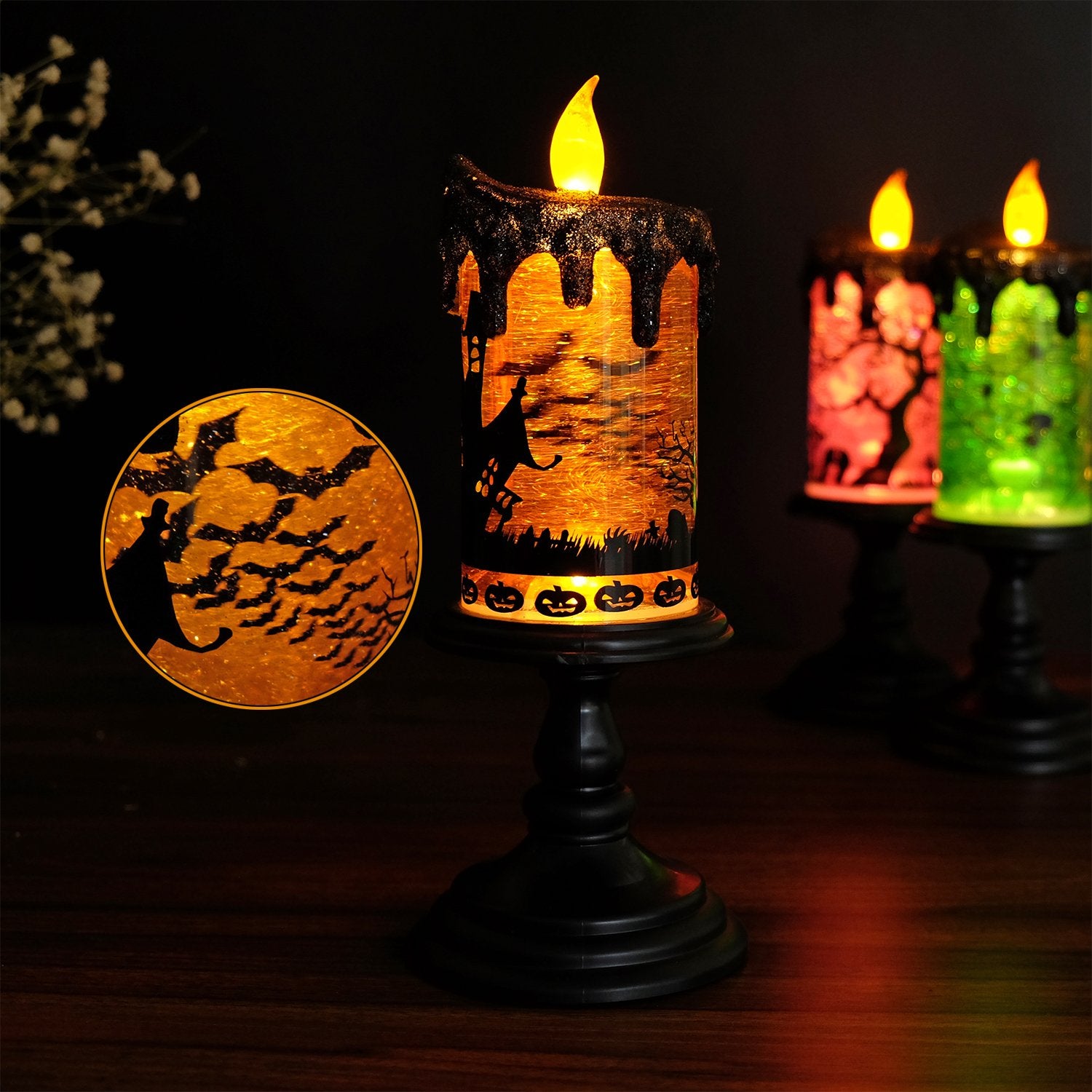 Eldnacele Halloween Snow Globe Candles Lighted Lamp, Battery Operated Spooky Spinning Water Glittering Tornado Candles Flameless