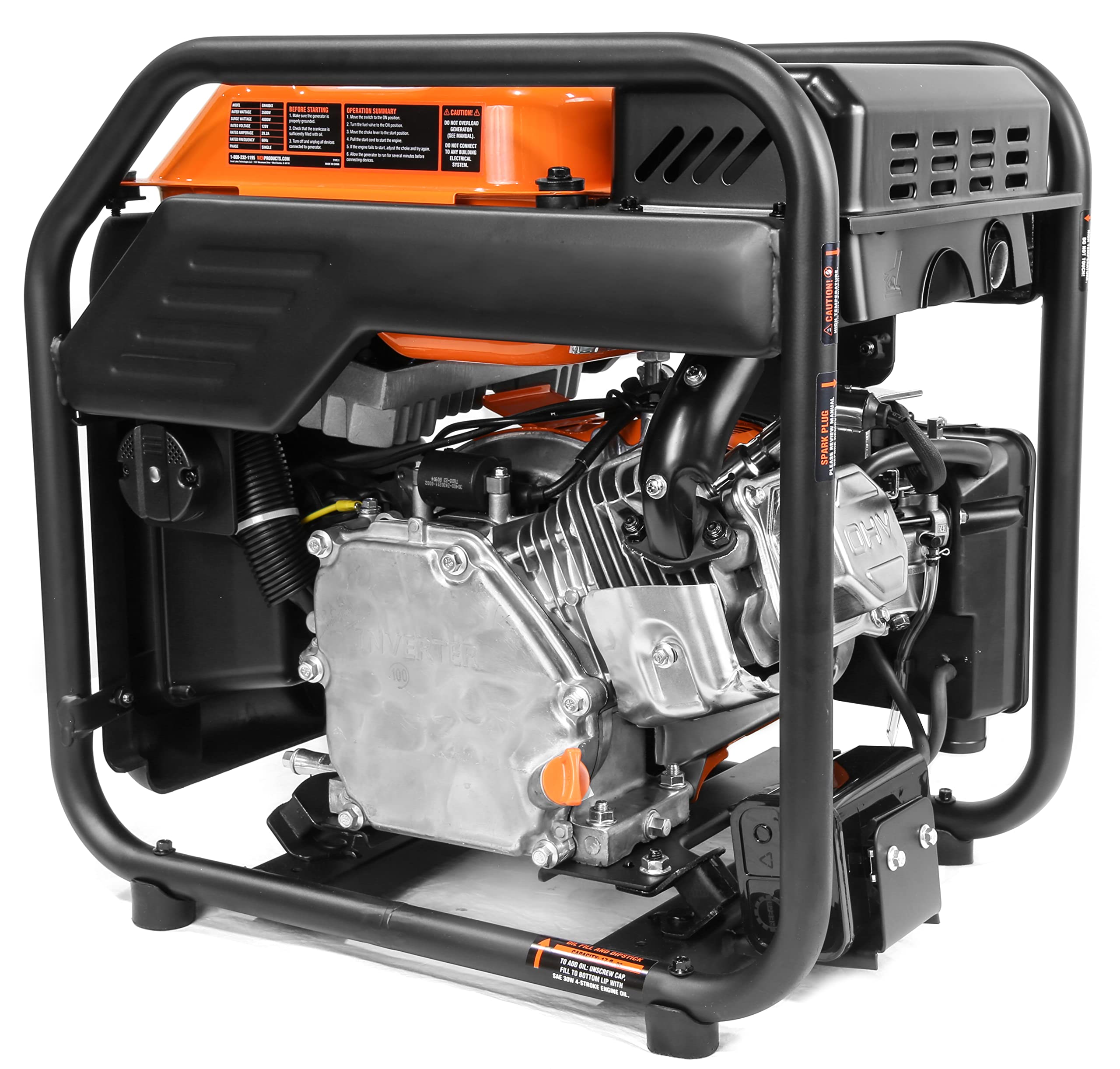 Wen Gn400Ix Rv-Ready 4000-Watt Open Frame Inverter Generator With Co Shutdown Sensor, Black/Orange