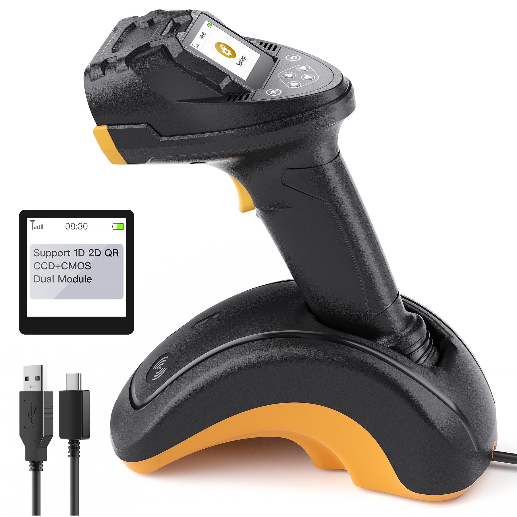 Inateck 2D Wireless Barcode Scanner with TFT Screen, CMOS and CCD Dual-Sensor for Long Codes, Bluetooth QR Reader with Cradle, S