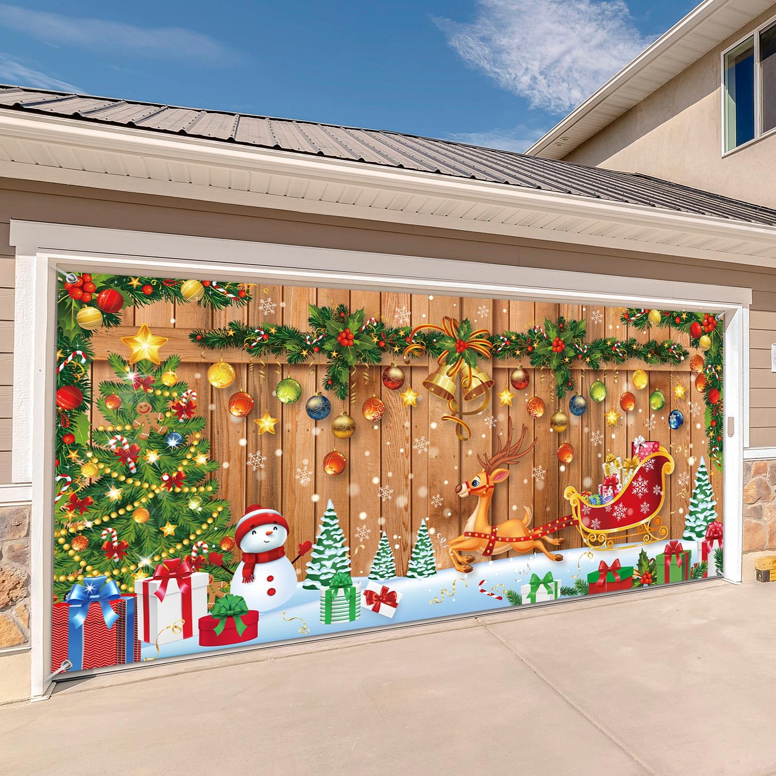 Buryeah Christmas Garage Door Cover Banner Decorations 6 x 13 ft Christmas Garage Door Cover Large Backdrops for Holiday Decorat