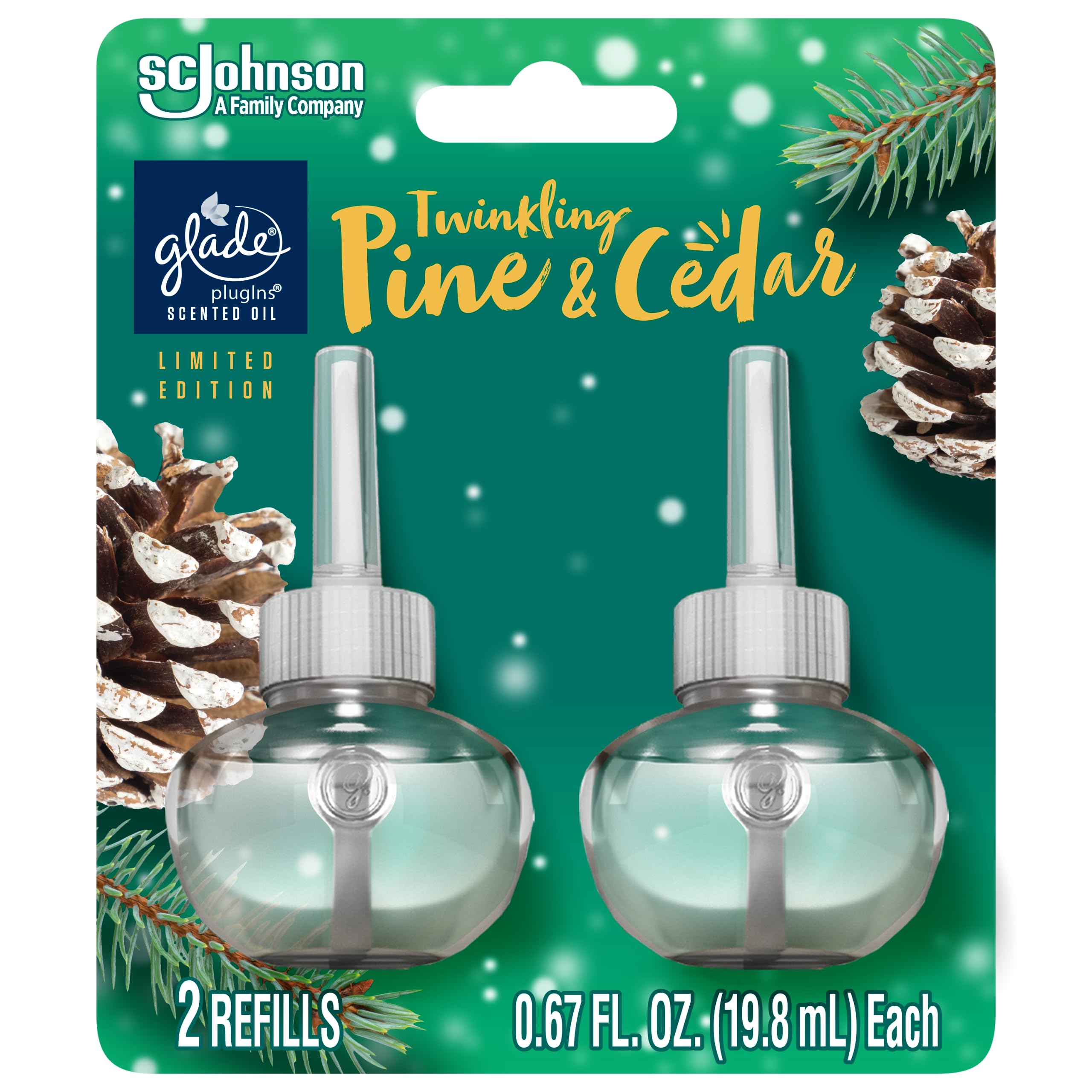 Glade Plugins Refills Air Freshener, Scented And Essential Oils For Home And Bathroom, Twinkling Pine & Cedar, 1.34 Fl Oz, 2 Cou