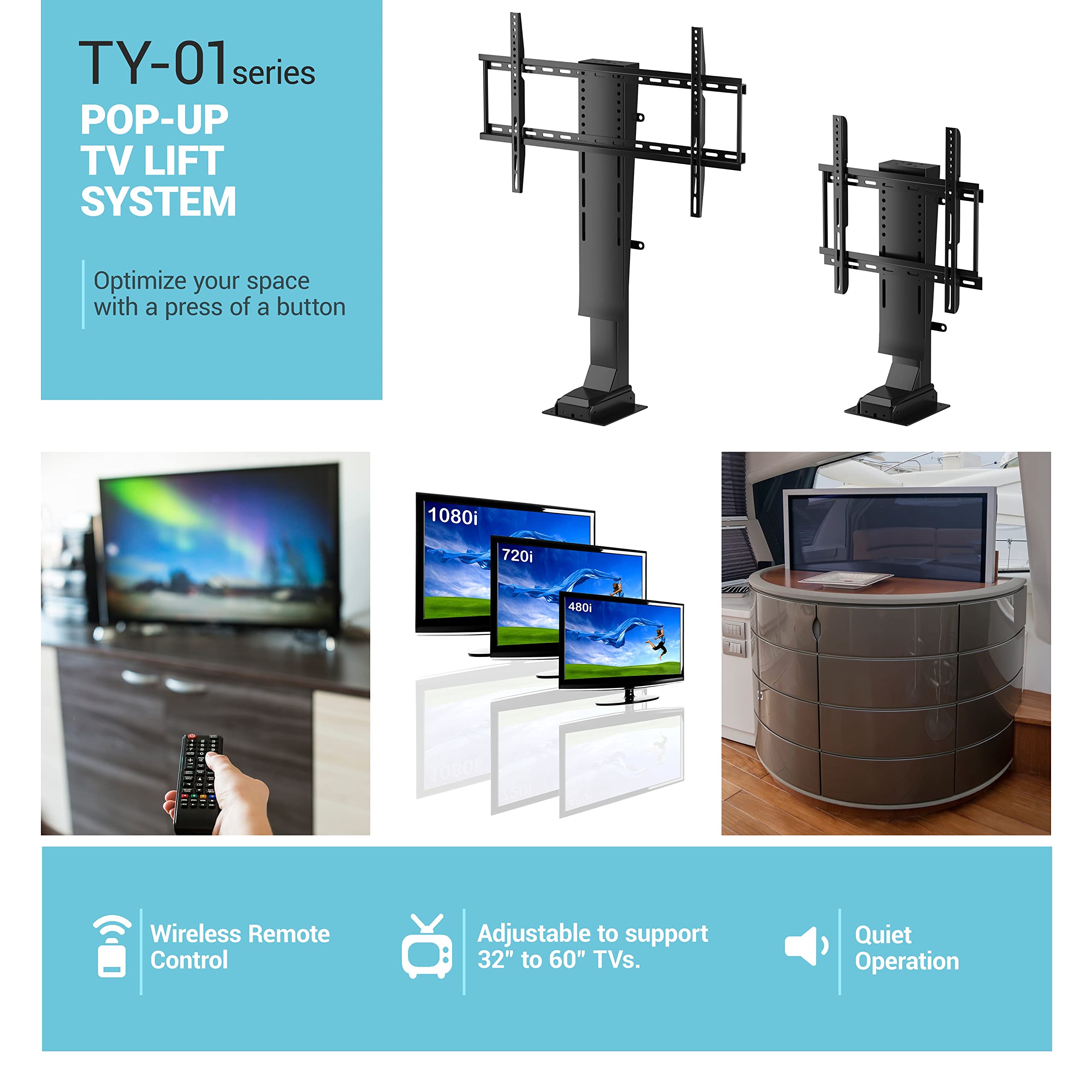 Progressive Automations Motorized Hidden pop up TV Lift   25.4' Stroke Vertical Automatic Adjustable Height TV Mount for 32'   60' Screen