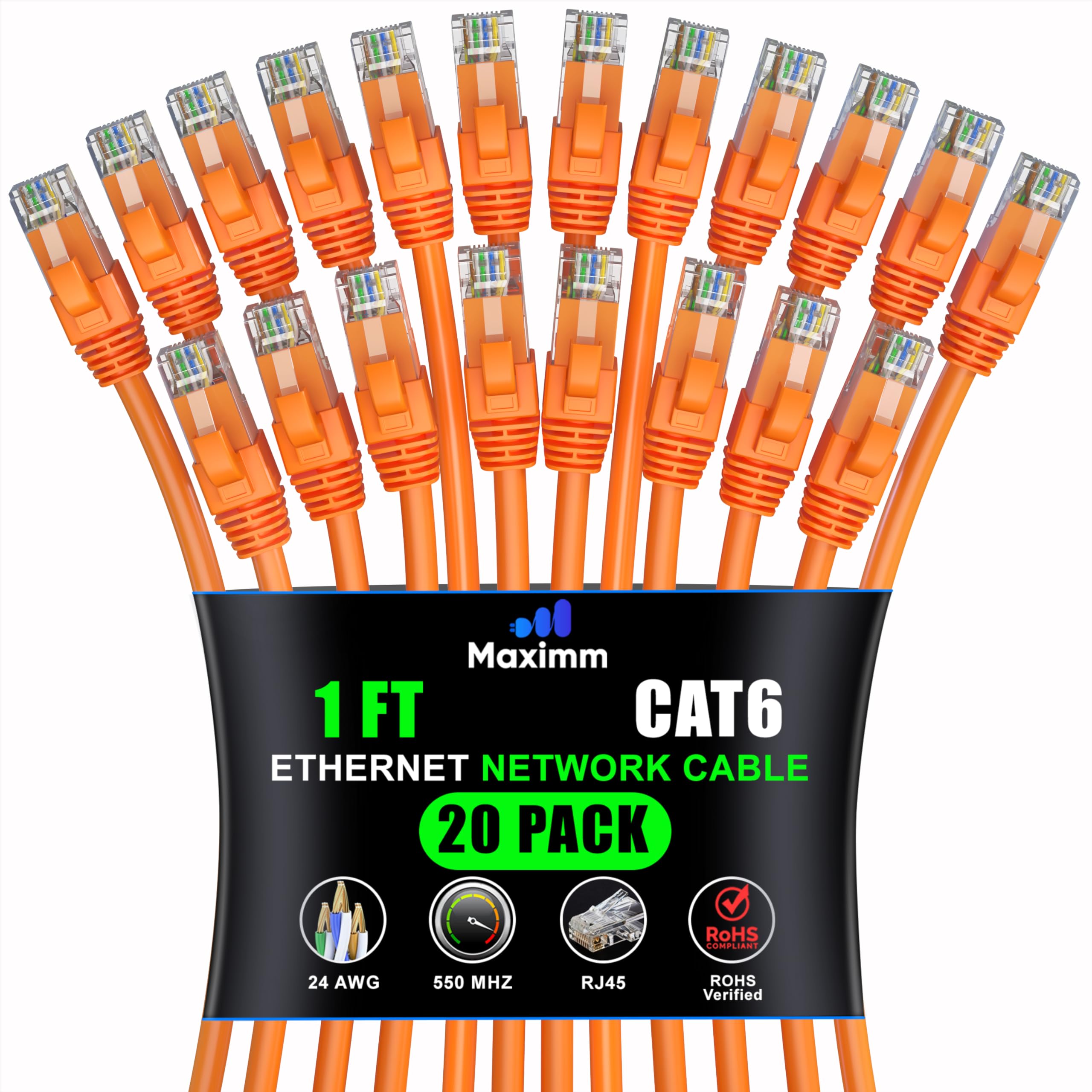 Maximm Cat 6 Ethernet Cable 1 Ft (20 Pack)   High Speed Lan Cable, Internet Cable, Patch Cable, And Network Cable   Utp, 10Gbps, 550Mhz Ethernet Cord   Orange