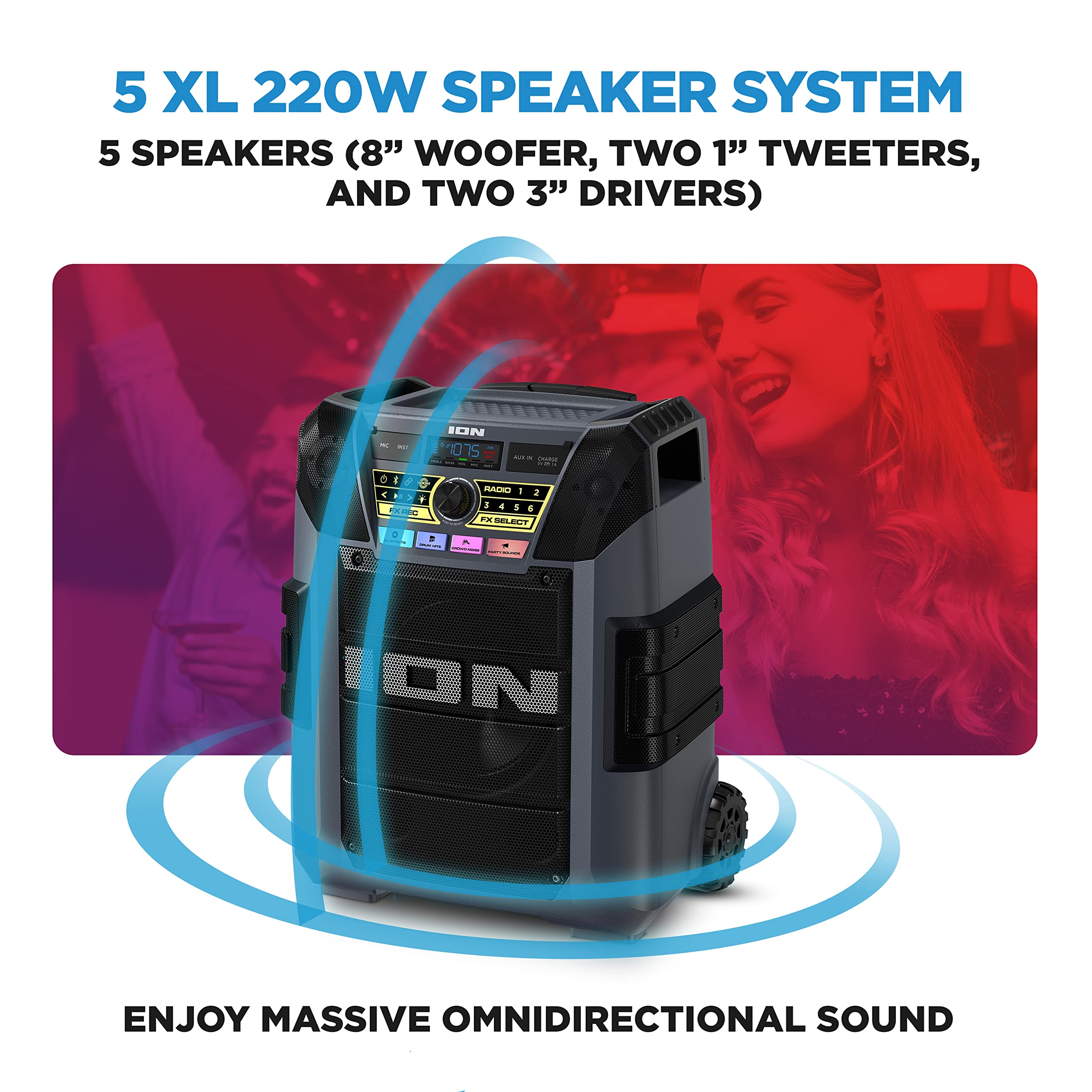 Ion Block Rocker Xl   Portable Bluetooth Outdoor Party Speaker, 220W, With Karaoke Microphone, Battery, 5 Speakers, Lights, Radi