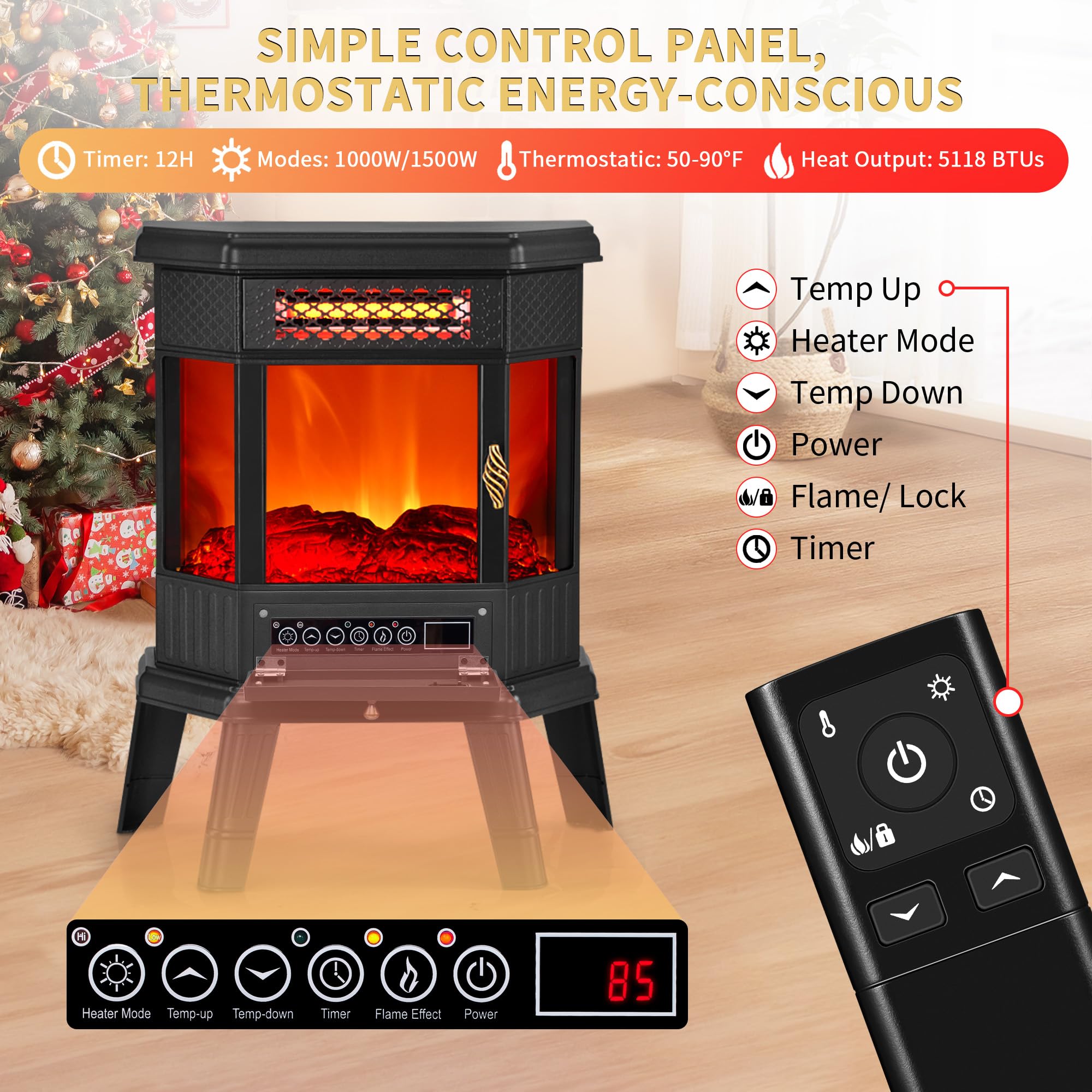 Electric Fireplace Heater 22 In Freestanding Fireplace Stove Infrared Fireplace Realsmart With 3D Flame Effect Remote Control, T
