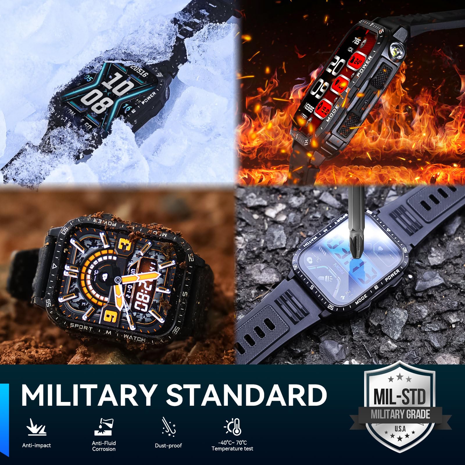 Military Smart Watch For Men With Led Flashlight Watch 2.0'' Big Screen Tactical Smartwatch 430Mah Big Battery Fitness Tracker W