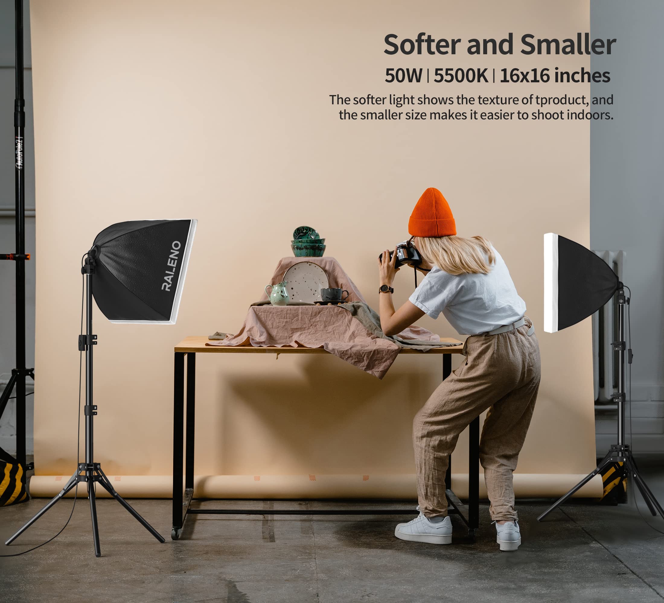 Raleno Softbox Lighting Kit, 2 X 16'' X 16'' Photography Studio Equipments With 50W / 5500K / 95 Cri Led Bulbs, Continuous Light