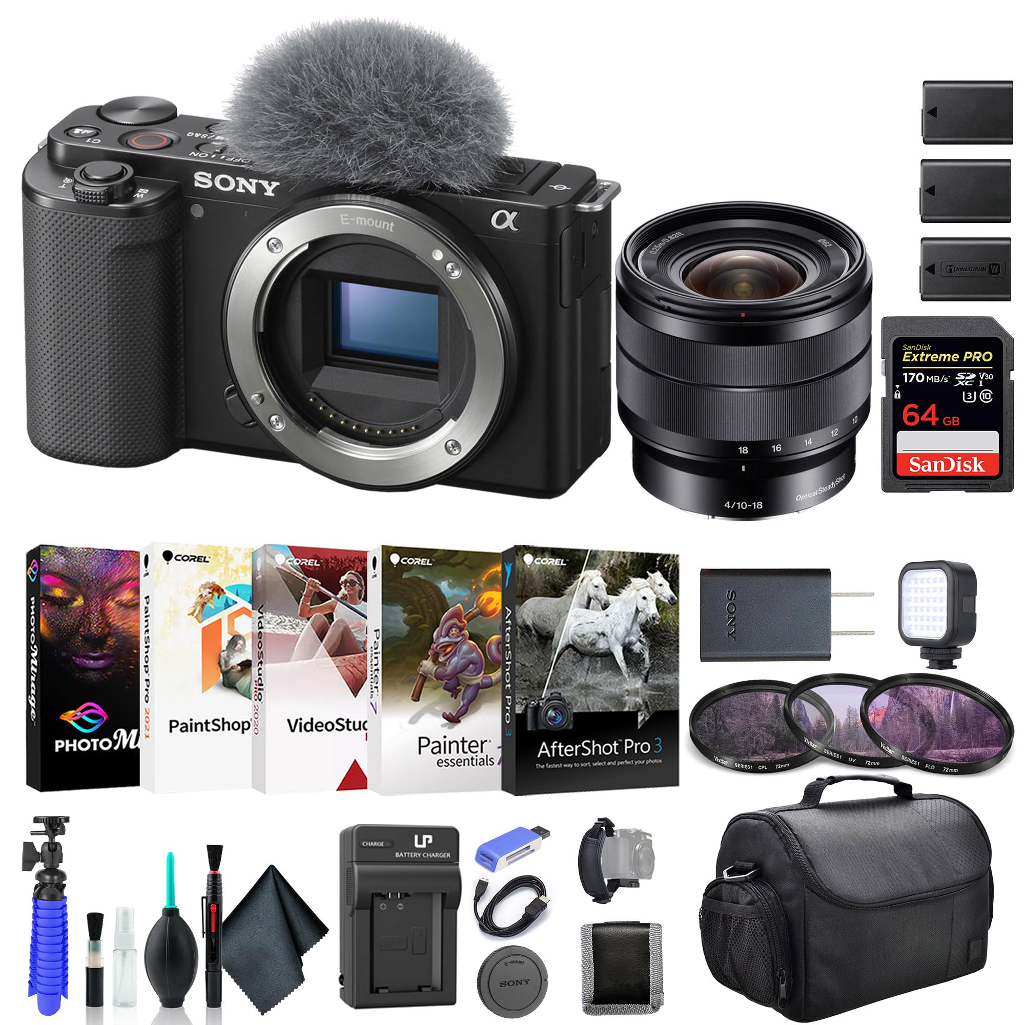 Sony ZV-E10 Mirrorless Camera with 16-50mm Lens Black ILCZV-E10L/B, 64GB Memory Card, Filter Kit, Corel Photo Software, Bag, 2 x