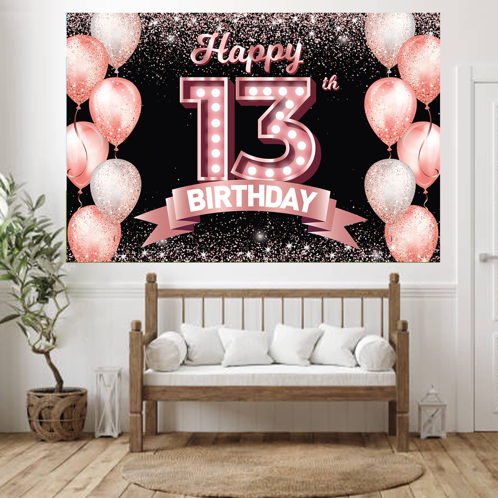 Happy 13Th Birthday Rose Gold Banner Backdrop Cheers To 13 Years Old Confetti Balloons Theme Decor Decorations For Girls 13 Year