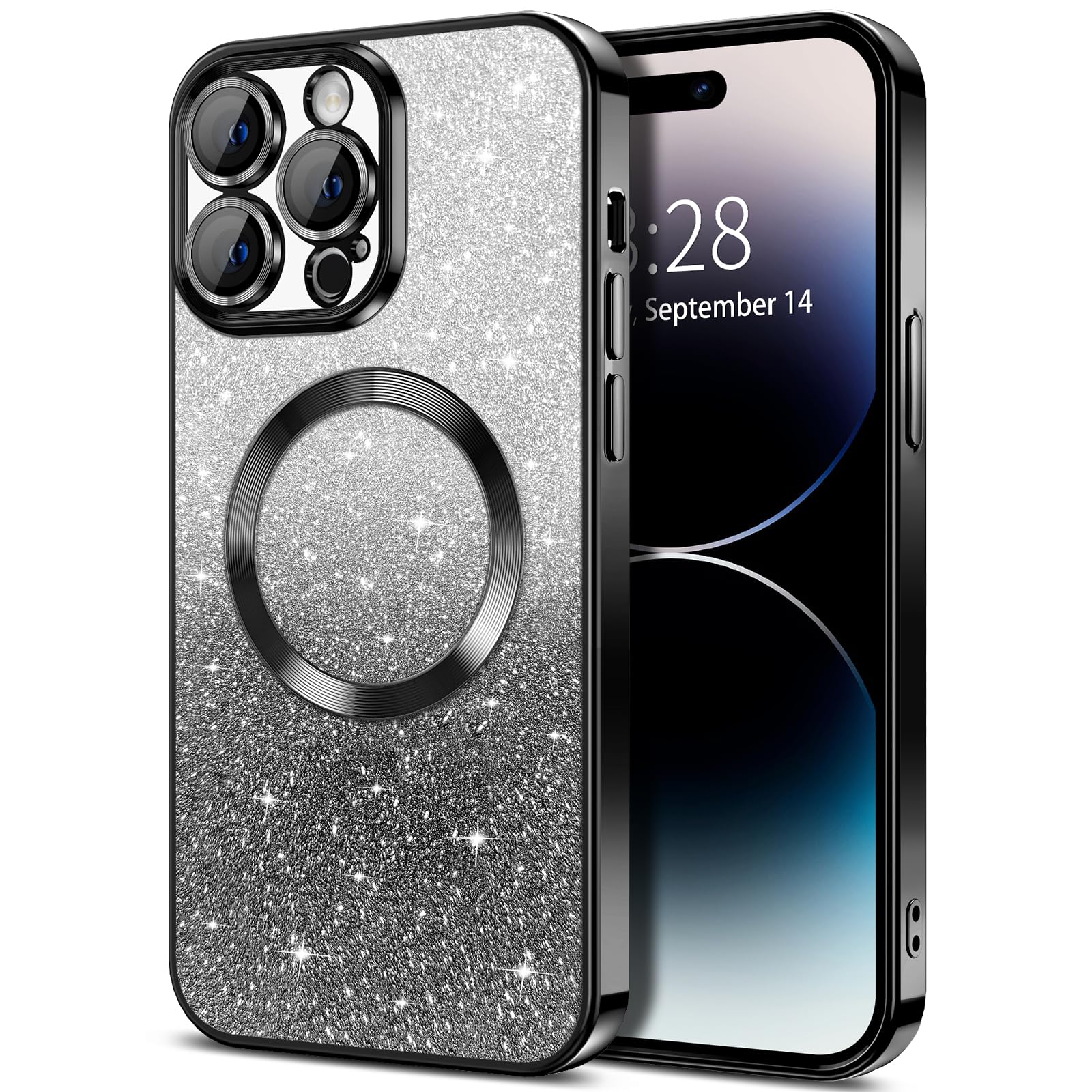 Hython For Iphone 14 Pro Case Clear Magnetic Glitter Phone Cases [Compatible With Magsafe] Full Camera Lens Protector Slim Gradi
