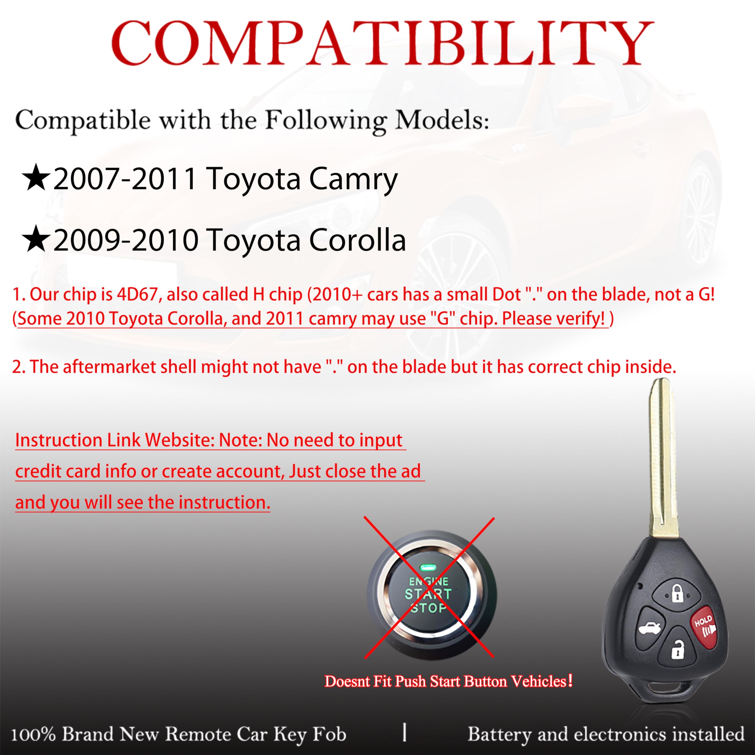 Key Fob Remote Replacement Fits For Toyota Camry 2007 2008 2009 2010 2011/Corolla 2009 2010 Hyq12Bby Keyless Entry Remote Contro