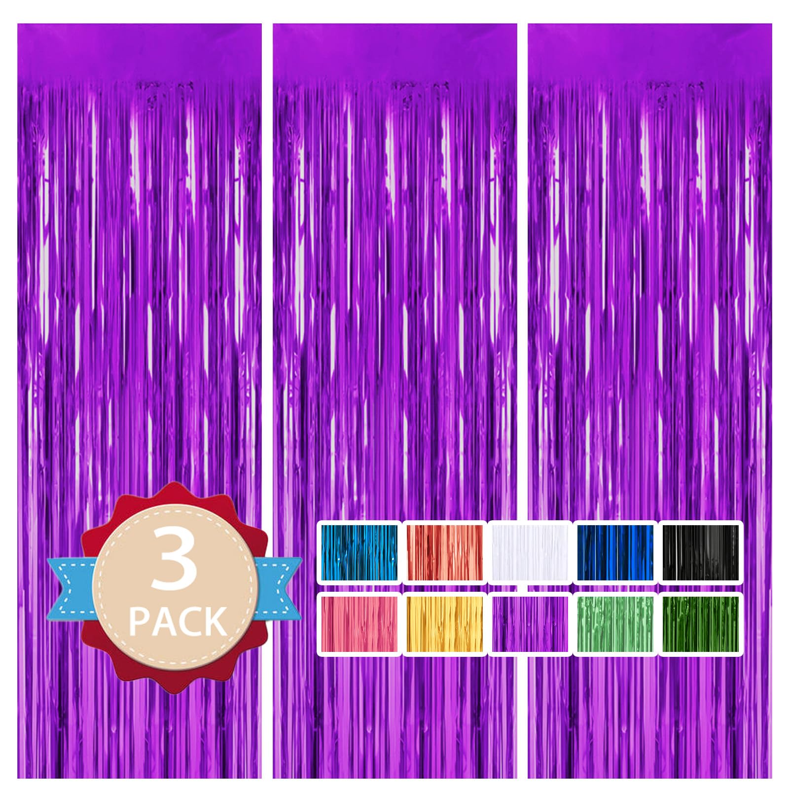 3 Pack 3.3 Ft X 9.9 Ft Purple Tinsel Curtain Party Backdrop Decorations, Metallic Foil Fringe Backdrop Door For Bachelorette Par