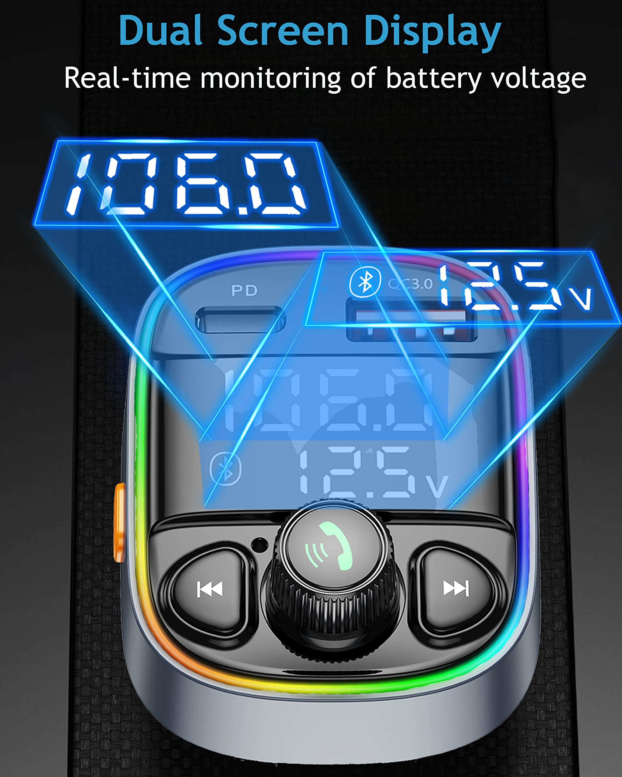 Lihan Aux Usb C Bluetooth Car Adapter, Wireless Handsfree Call, Fm Transmitter Radio Receiver, Qc3.0 & Type C Car Charger, 7 Color Backlit With 2 Led Displays, Tf Card & Music Stereo Player