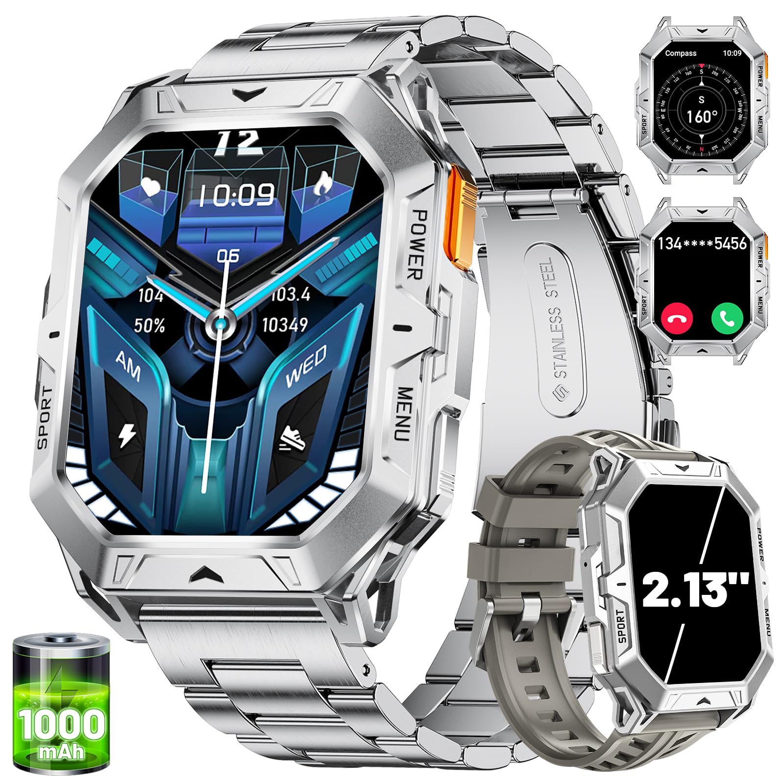 Lige Smart Watch For Men With Make/Answer Call, 2.13 ''Amoled Screen Fitness Watches For Men With 1000Mah Battery, 5Atm Swimproo