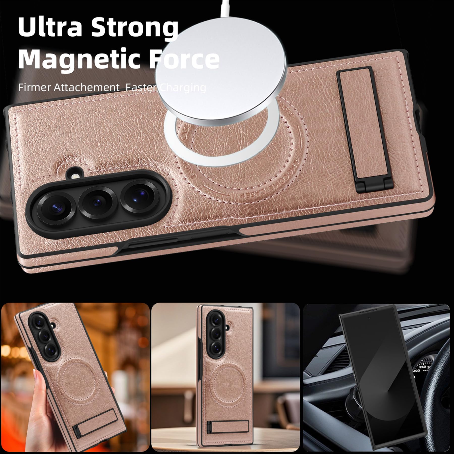 Ephoou For Samsung Galaxy Z Fold7 Compatible With Magsafe, Built-In Kickstand & Strong Magnetic Ring Pu Leather Shockproof Milit