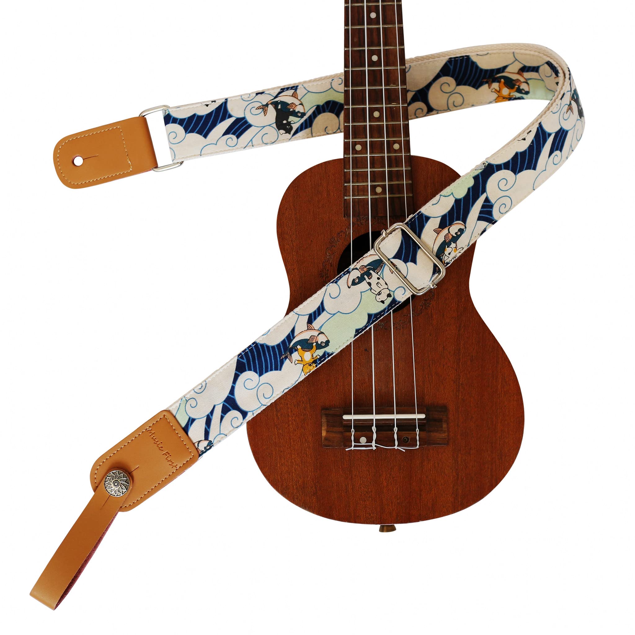 Music First Original Design Vintage Ukiyoe Style Surfing Cat Soft Muslin & Genuine Leather Ukulele Strap Ukulele Shoulder Strap