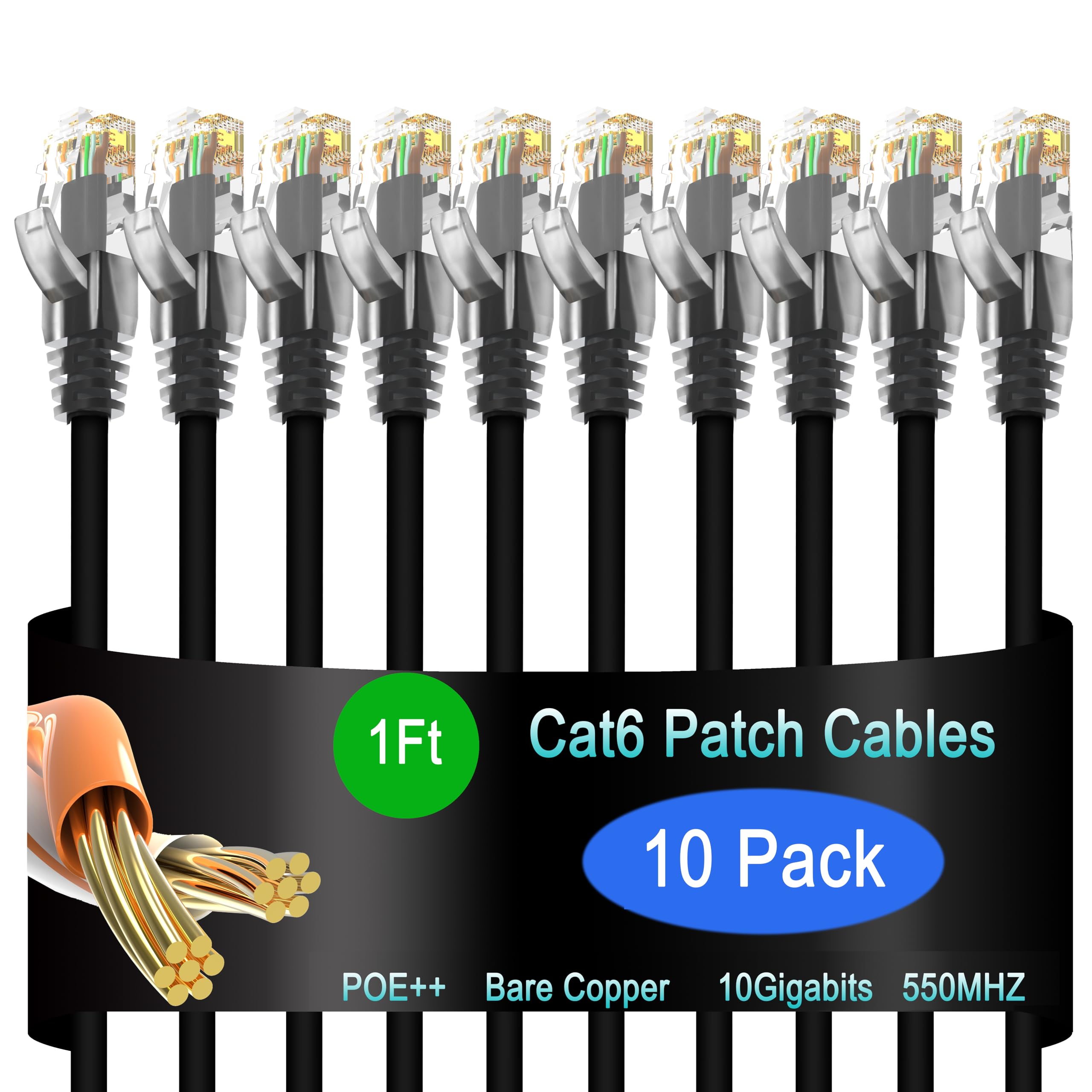 Lysymixs Cat6 Ethernet Patch Cable 1 Ft (10 Pack), Cat6 Patch Cable For Data Centers, Cat 6 Patch Cable 10G, Network Patch Cable