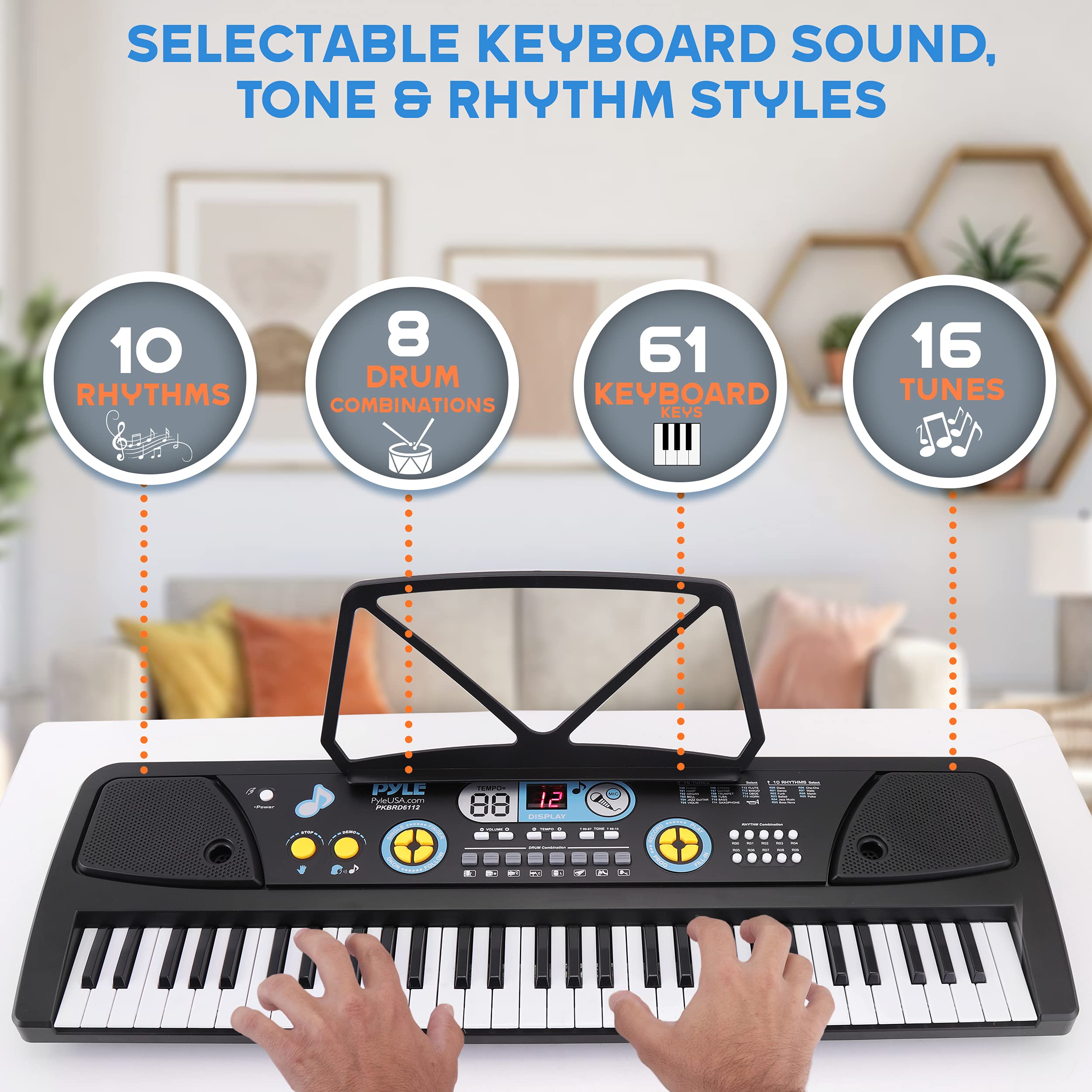 Pyle, Electric Keyboard 61 Keys Portable Digital Musical Karaoke Piano Keyboard 10 Rhythms 16 Tones, Stereo Speakers, Rechargeab