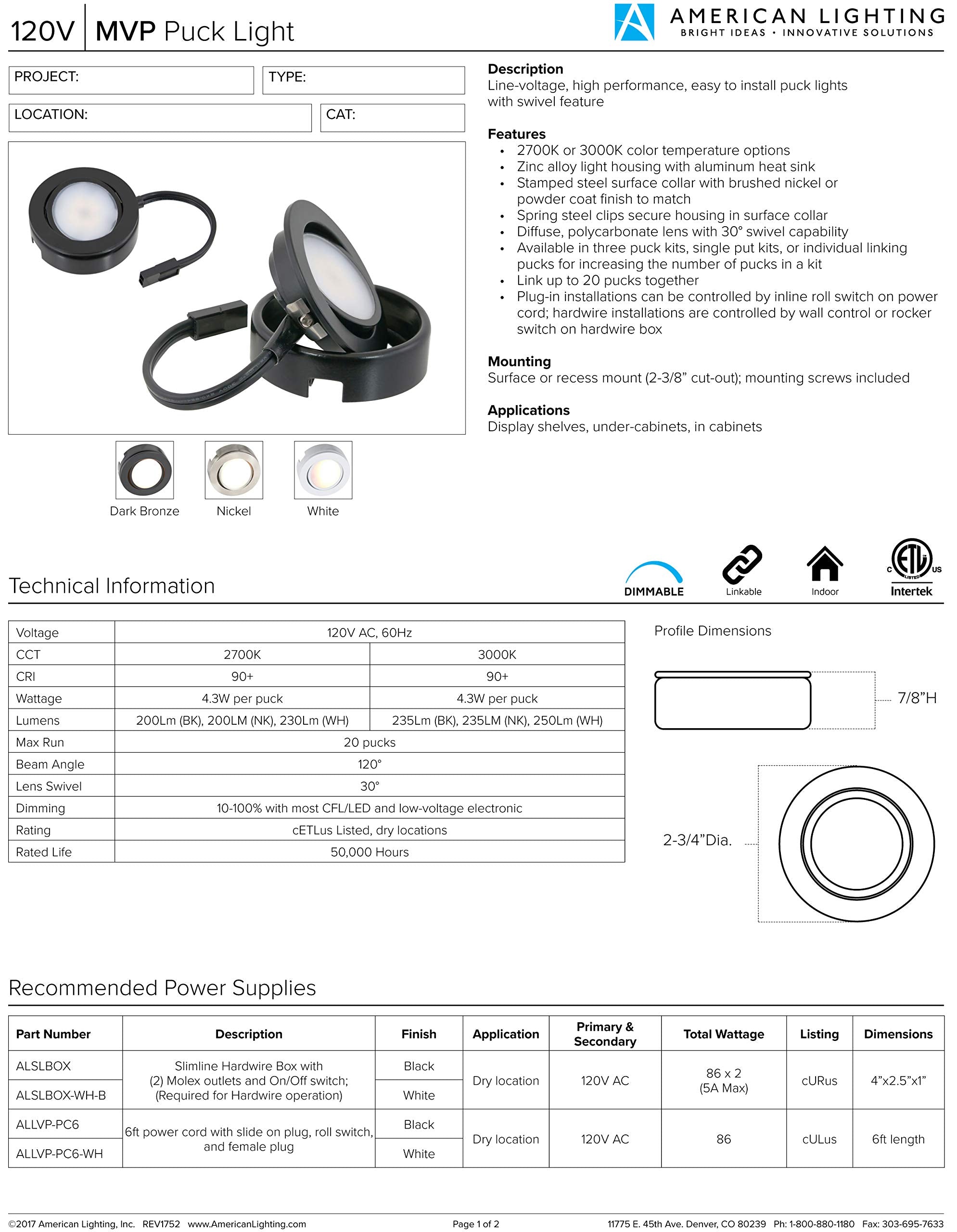 Mvp Three Puck Kit, Easy To Install Dimmable Swivel Puck Lights, Linkable, Cetlus Listed, 2 3/4 Inch Diameter, 4.3 Watt, 2700K B