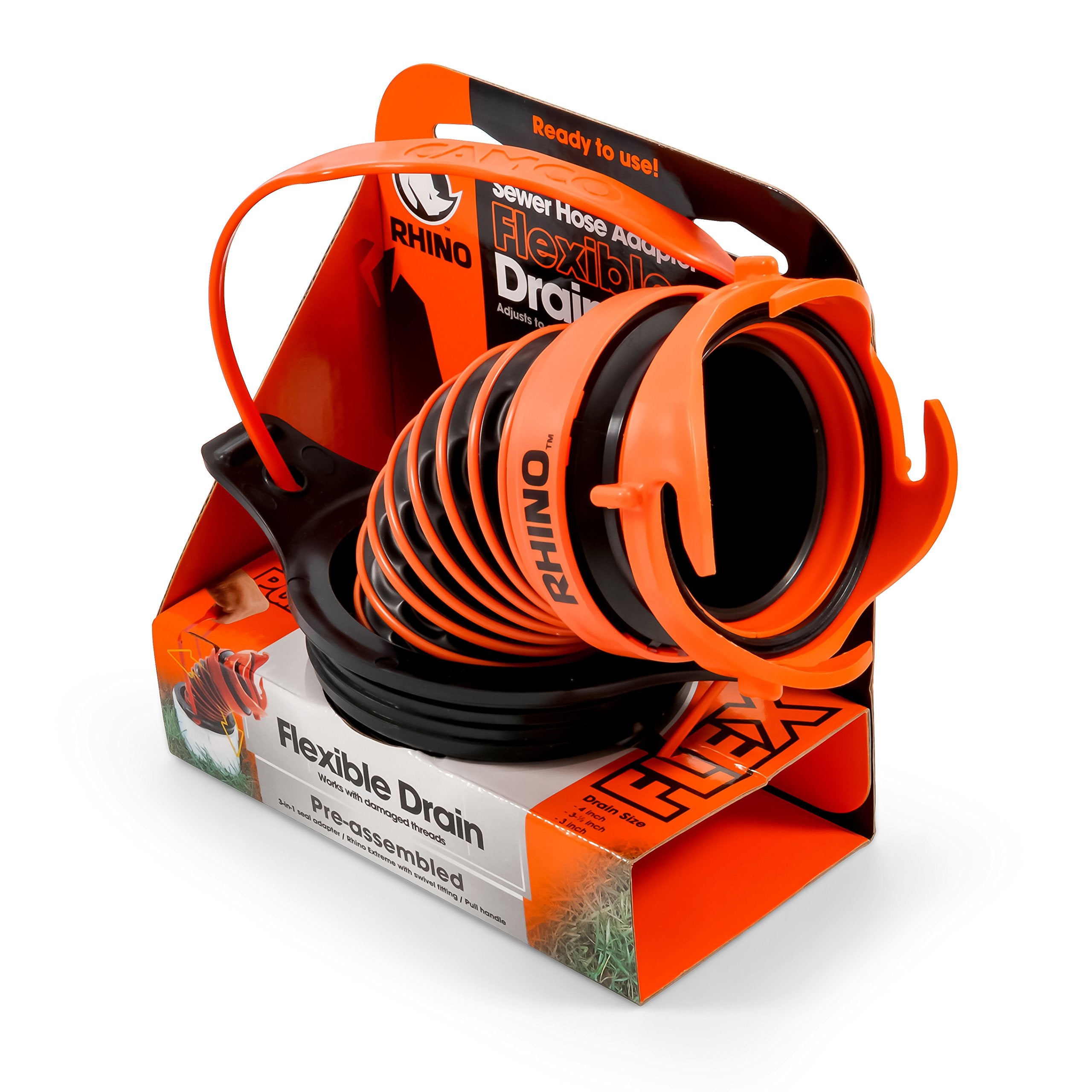Camco 39319 Flexible 3-In-1 Sewer Hose Seal With Rhinoextreme Hose And Handle- Flexible Fitting Makes Connection To A Sewer Inle,WBAUVB07FJFZPHL