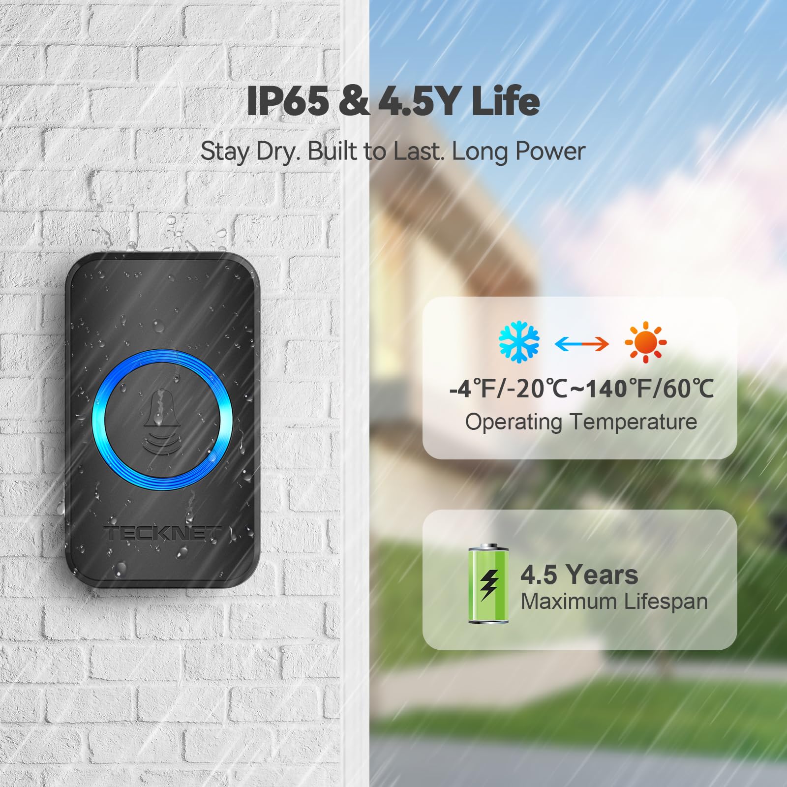 Tecknet Wireless Doorbells For Home, Ip65 Waterproof 1,300Ft 120Db Door Bell Ringer Wireless For Classroom With 60 Chimes & 5 Volume Levels, Led Flash