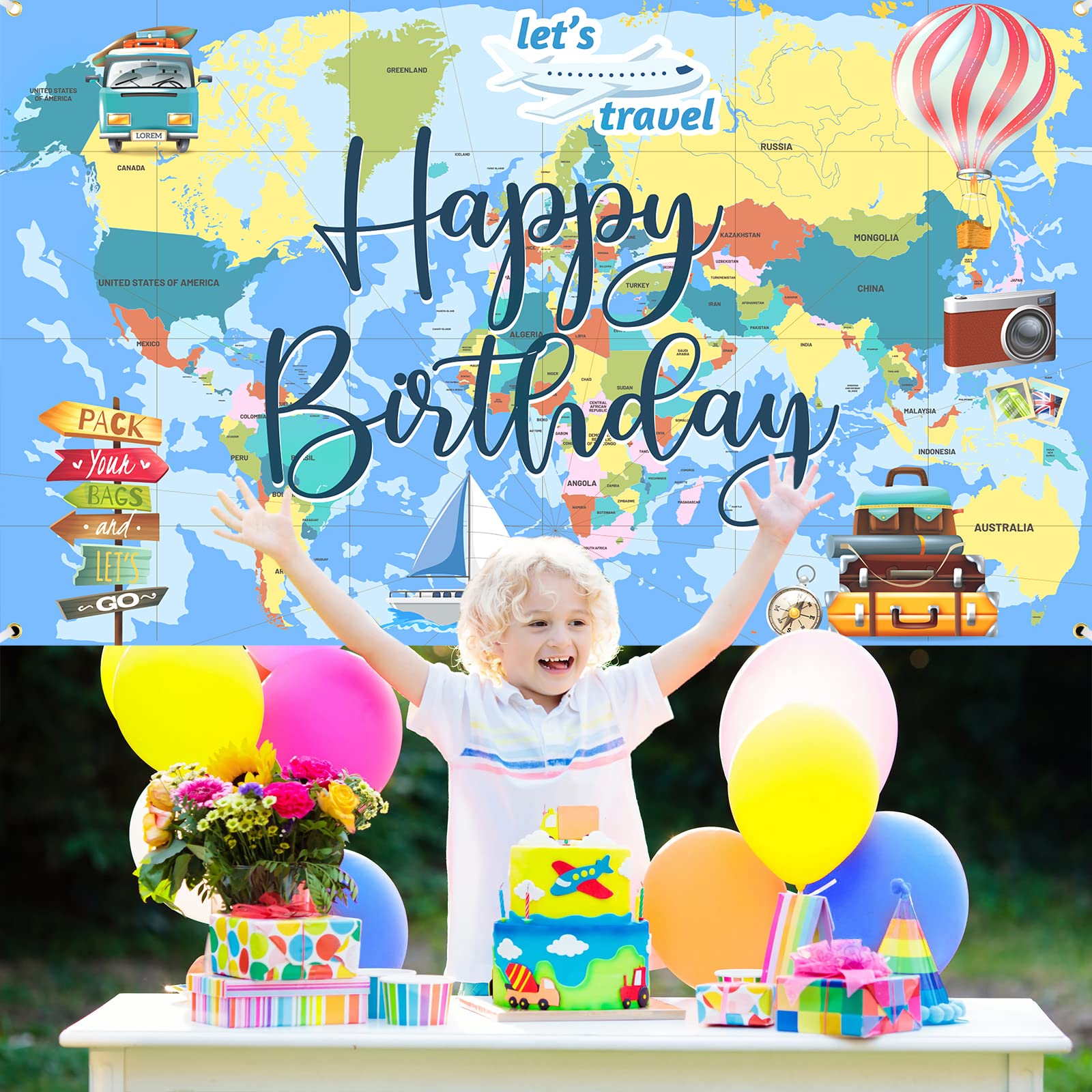 Rumia Travel Theme Birthday Banner Decorations Adventure Awaits, Includes Banner & Rope, Beige Polyester, Suitable For Birthday,